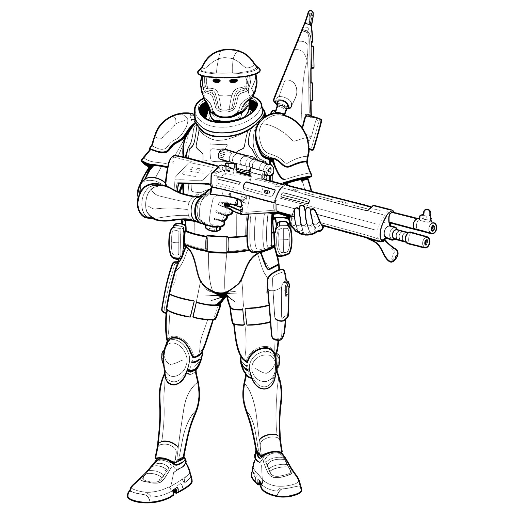 Helldiver Soldier in Tactical Gear with Firearm Coloring Page (free black-and-white line drawing printable PDF for all, from beginners to advanced learners, including children, teens, adults, and seniors)