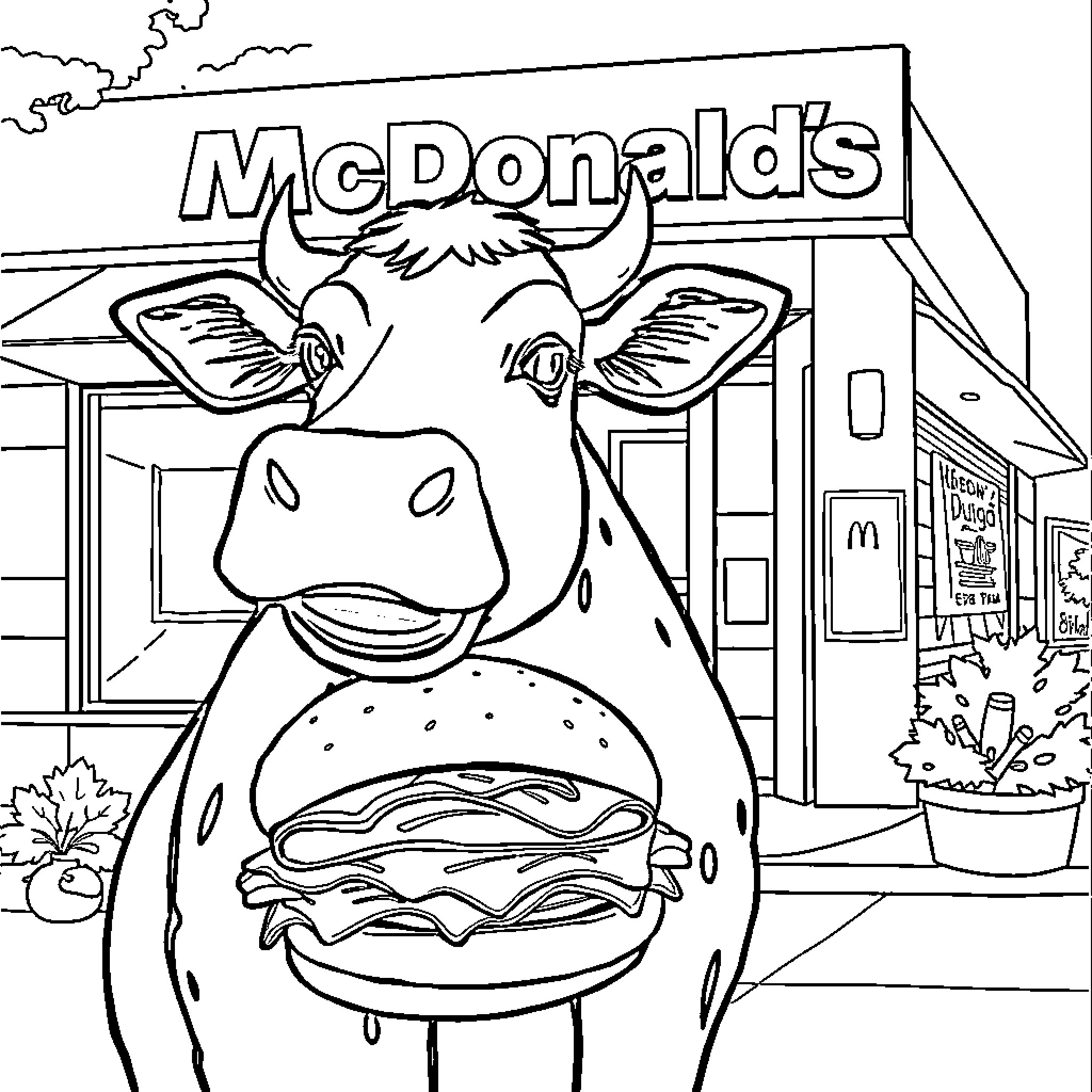 Cow enjoying a hamburger at McDonald's Coloring Page (free black-and-white line drawing printable PDF for all, from beginners to advanced learners, including children, teens, adults, and seniors)
