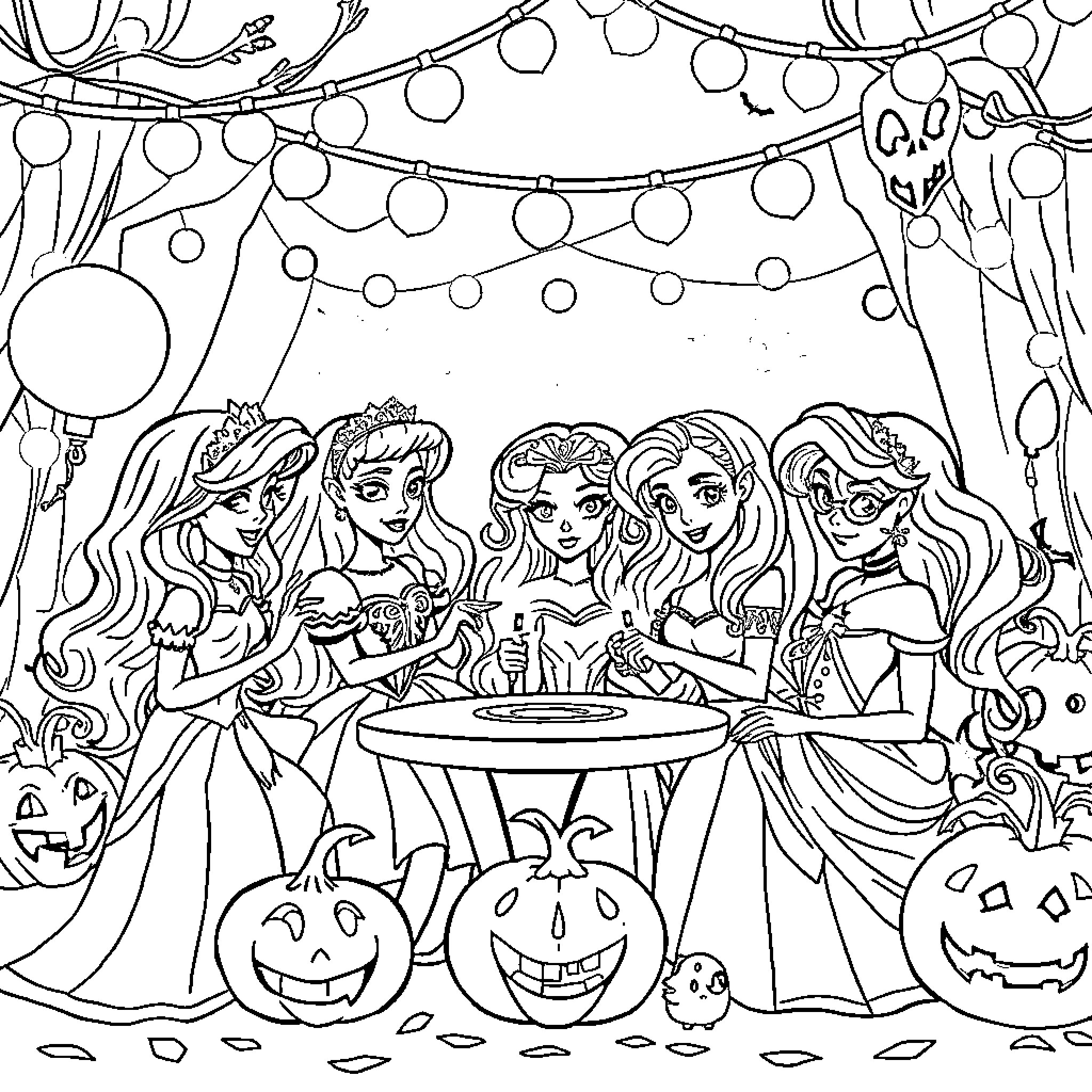 Princess Friends Enjoying Halloween Party Coloring Page (free black-and-white line drawing printable PDF for all, from beginners to advanced learners, including children, teens, adults, and seniors)
