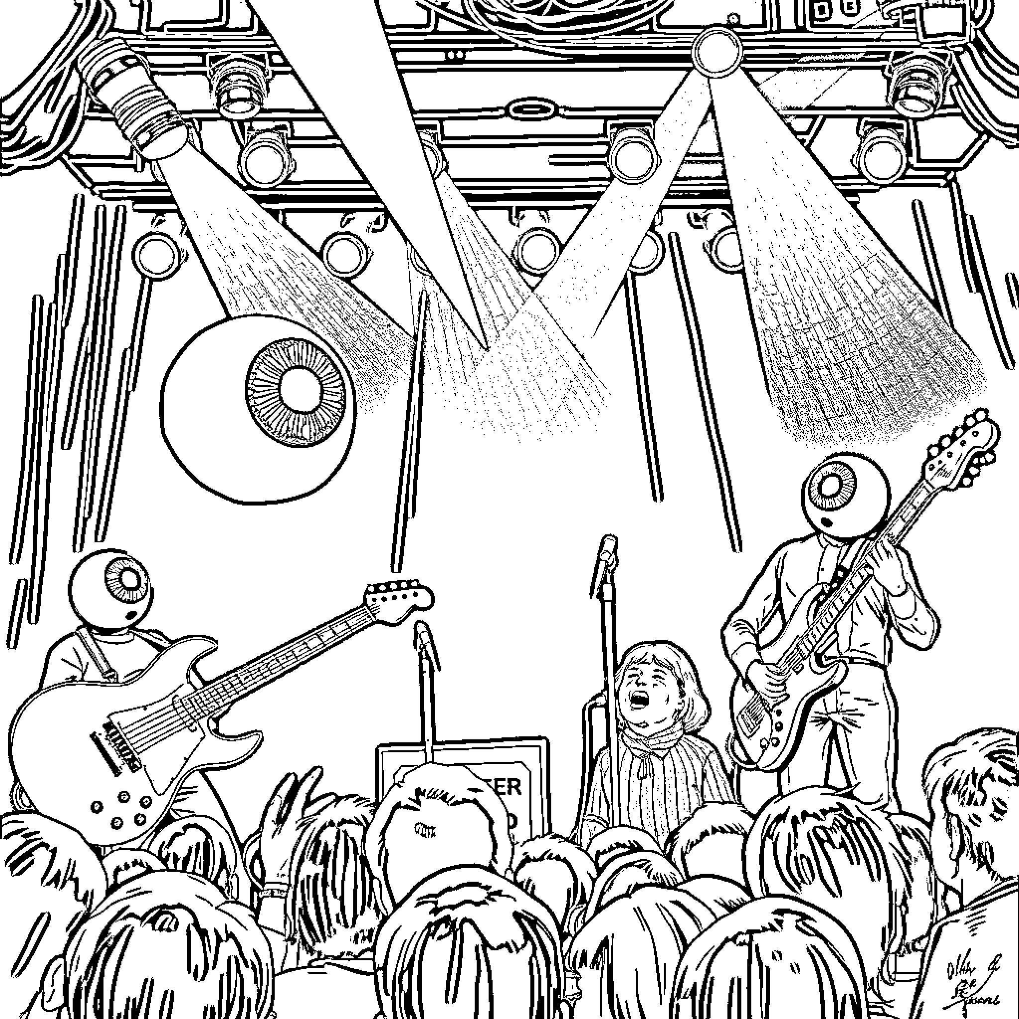 The Residents performing an eccentric musical show Coloring Page (free black-and-white line drawing printable PDF for all, from beginners to advanced learners, including children, teens, adults, and seniors)