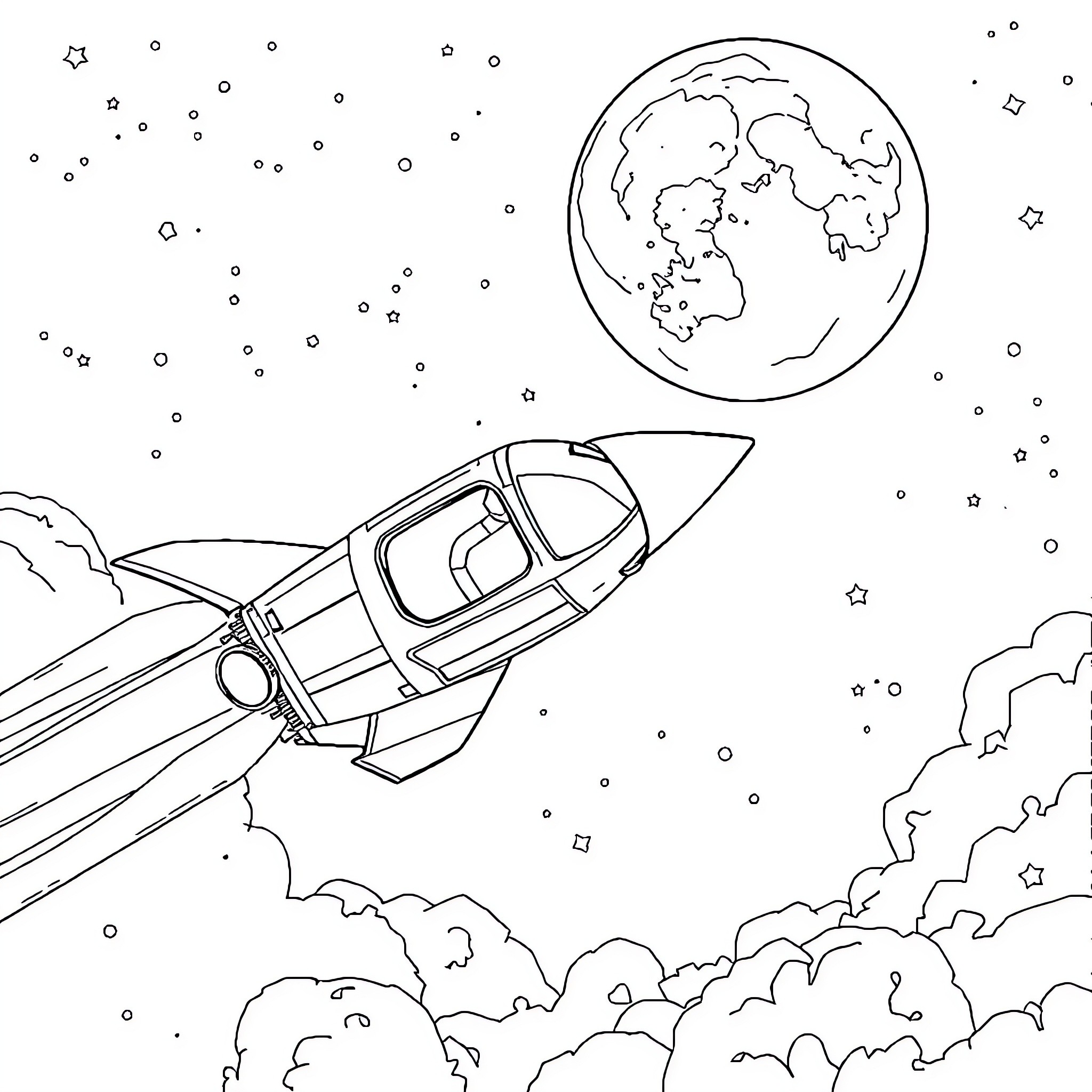 Rocket launching into the starry sky Coloring Page (free black-and-white line drawing printable PDF for all, from beginners to advanced learners, including children, teens, adults, and seniors)