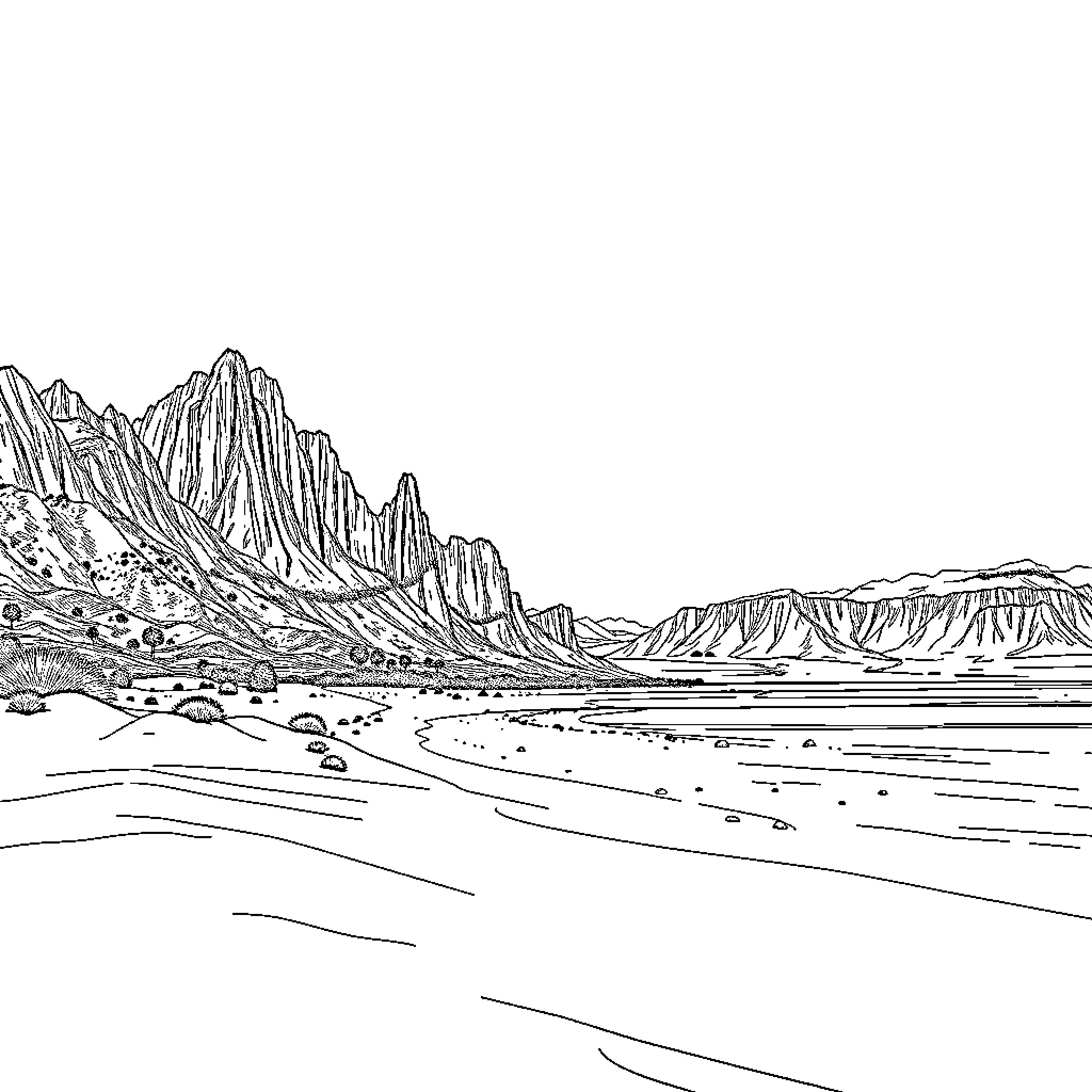 Landscape of rugged mountains and a winding river Coloring Page (free black-and-white line drawing printable PDF for all, from beginners to advanced learners, including children, teens, adults, and seniors)