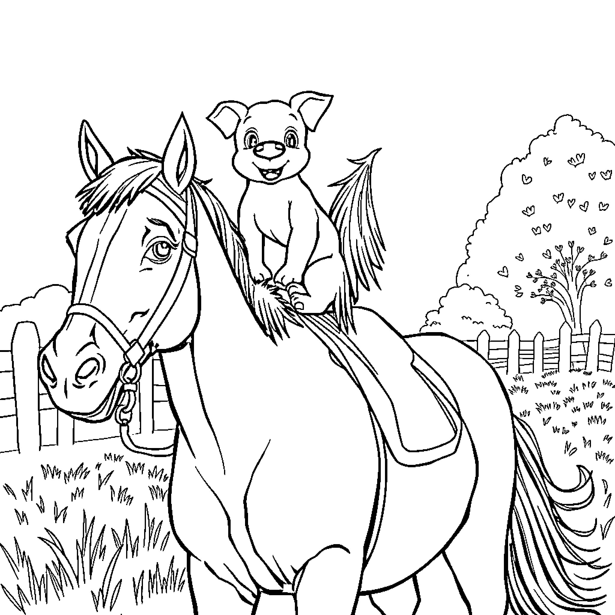 Dog riding a horse in a whimsical countryside scene Coloring Page (free black-and-white line drawing printable PDF for all, from beginners to advanced learners, including children, teens, adults, and seniors)