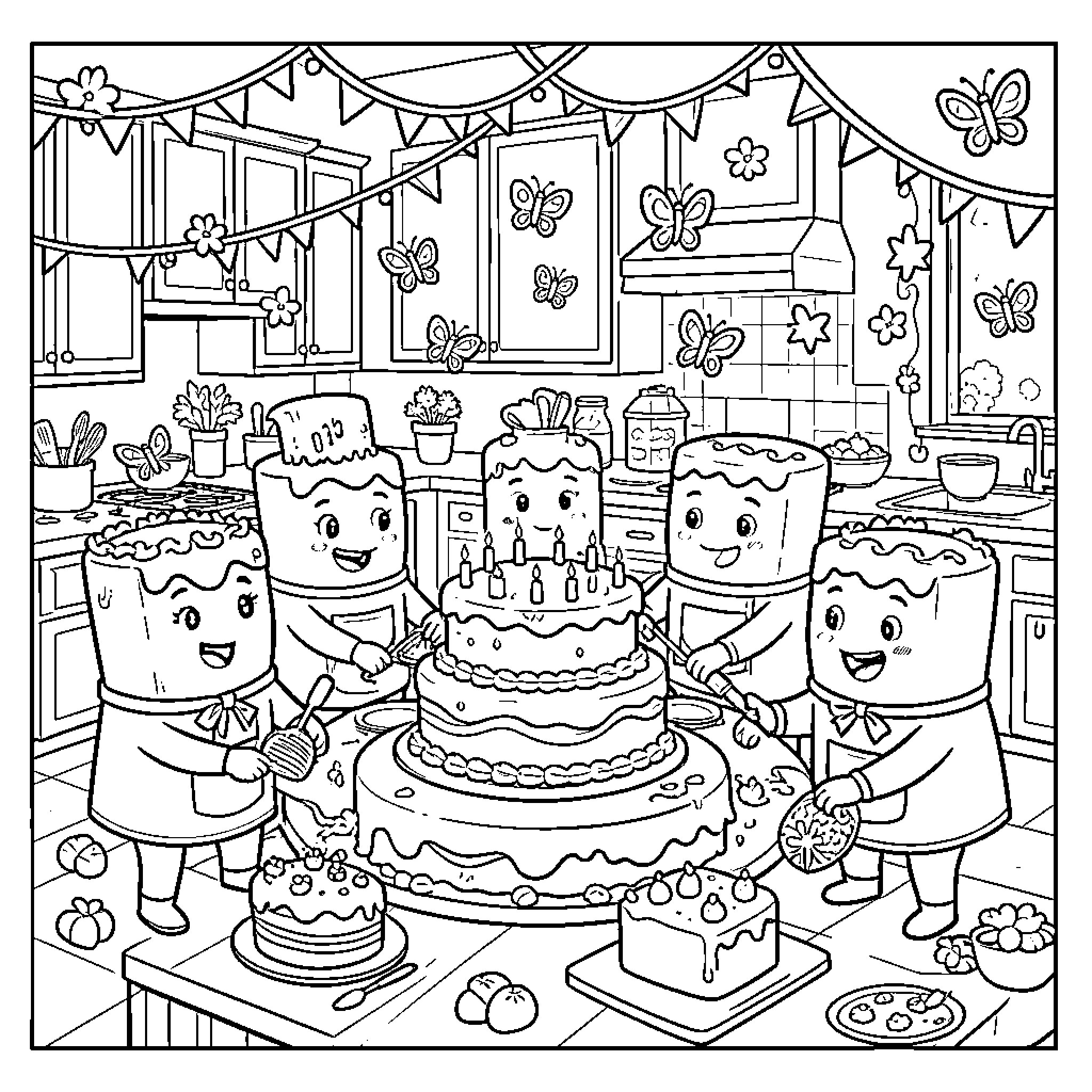 Cake characters celebrating together in a kitchen scene Coloring Page (free black-and-white line drawing printable PDF for all, from beginners to advanced learners, including children, teens, adults, and seniors)