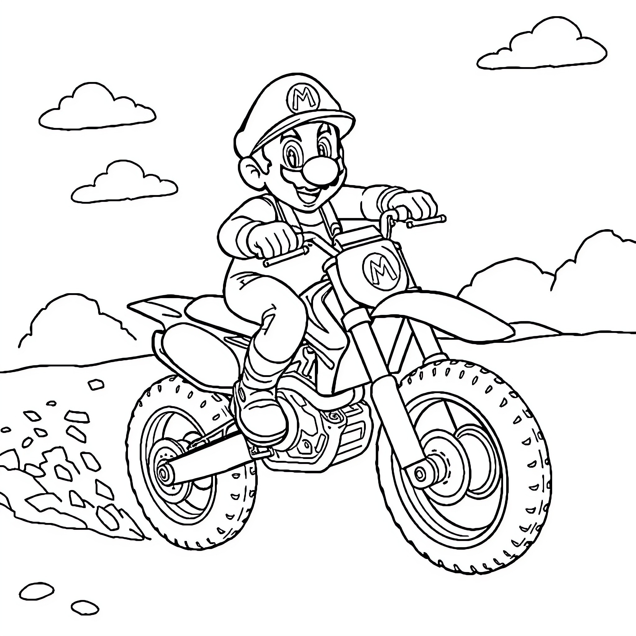 Mario riding an off-road motorcycle through the countryside Coloring Page (free black-and-white line drawing printable PDF for all, from beginners to advanced learners, including children, teens, adults, and seniors)