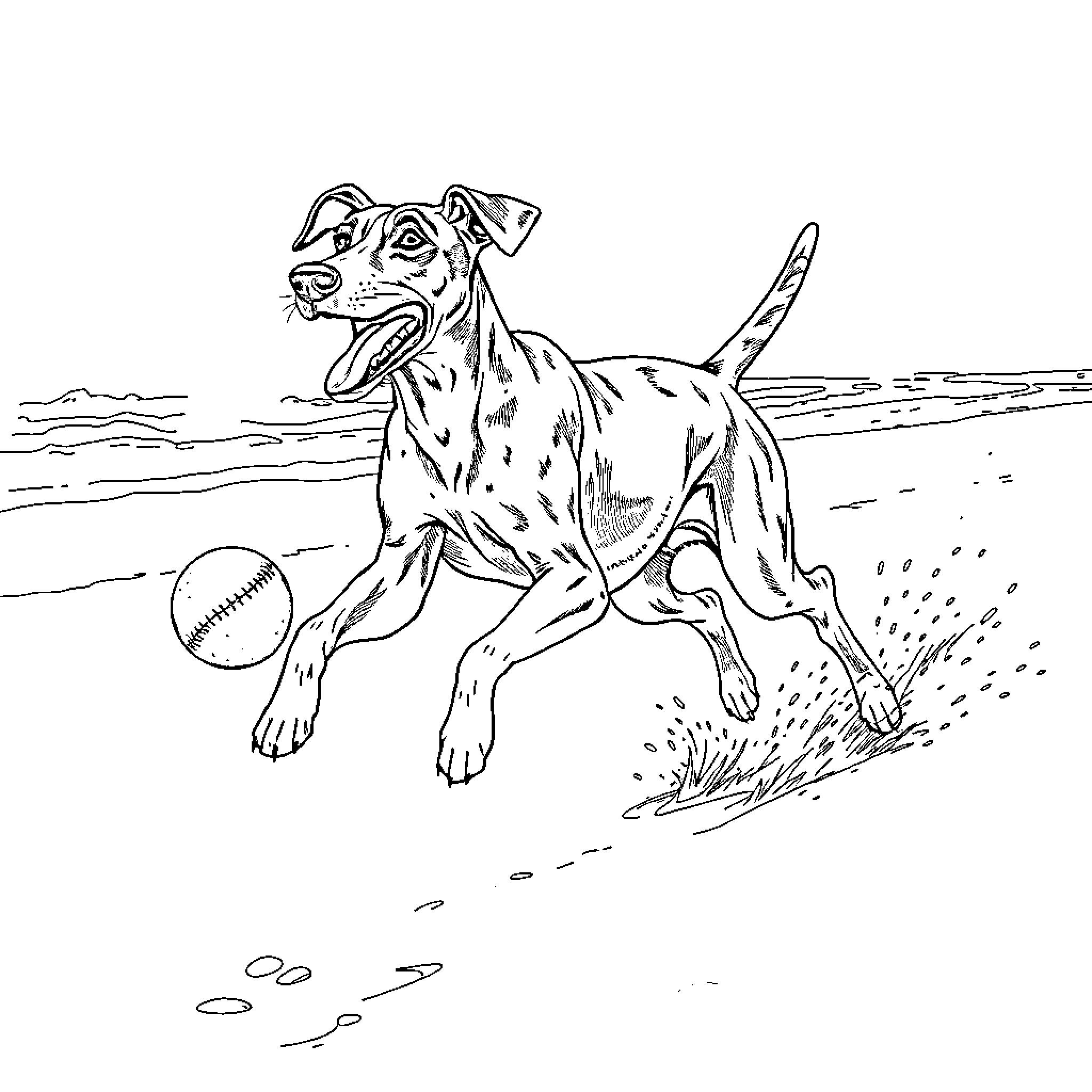 Lurcher playing joyfully on the beach Coloring Page (free black-and-white line drawing printable PDF for all, from beginners to advanced learners, including children, teens, adults, and seniors)