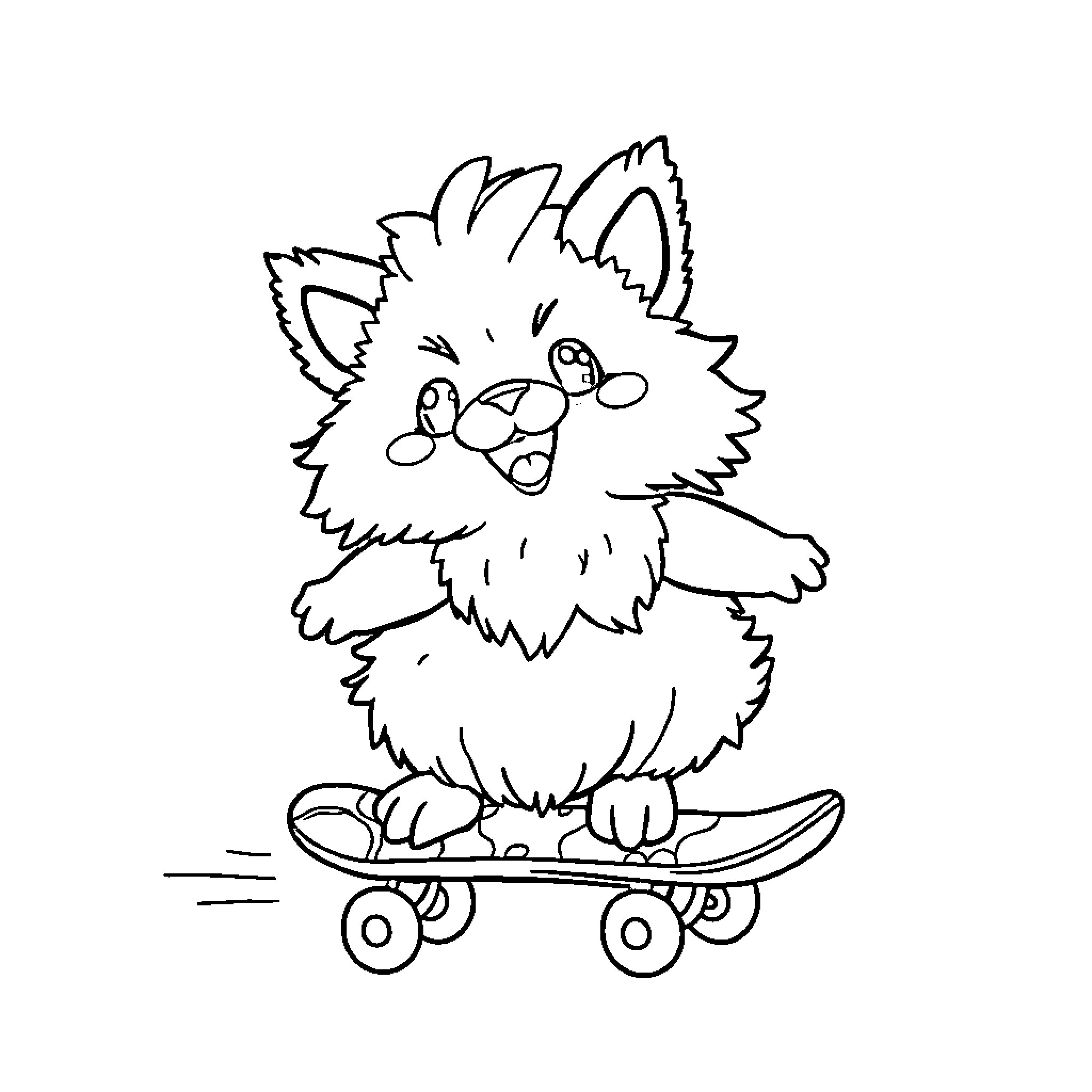 Mogwai riding a skateboard happily Coloring Page (free black-and-white line drawing printable PDF for all, from beginners to advanced learners, including children, teens, adults, and seniors)
