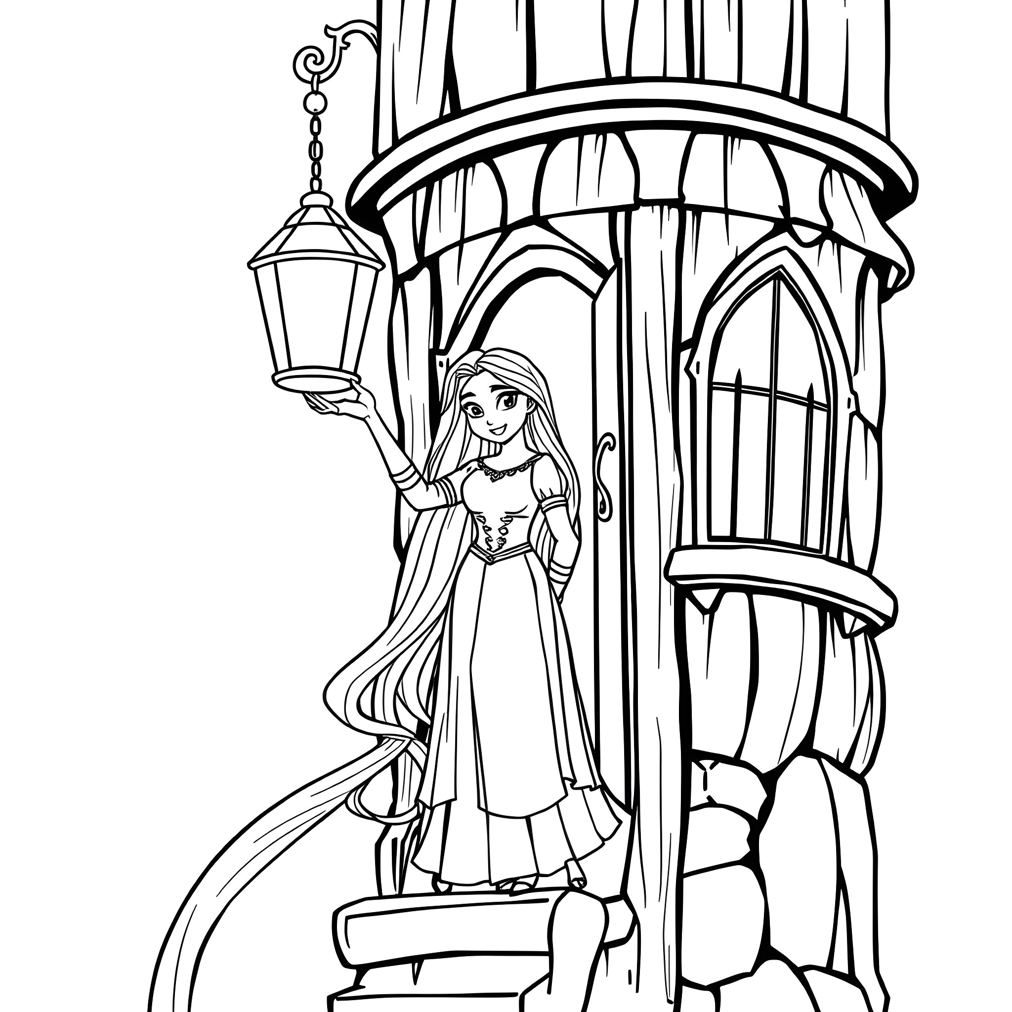 Rapunzel looking out from her tower window Coloring Page (free black-and-white line drawing printable PDF for all, from beginners to advanced learners, including children, teens, adults, and seniors)