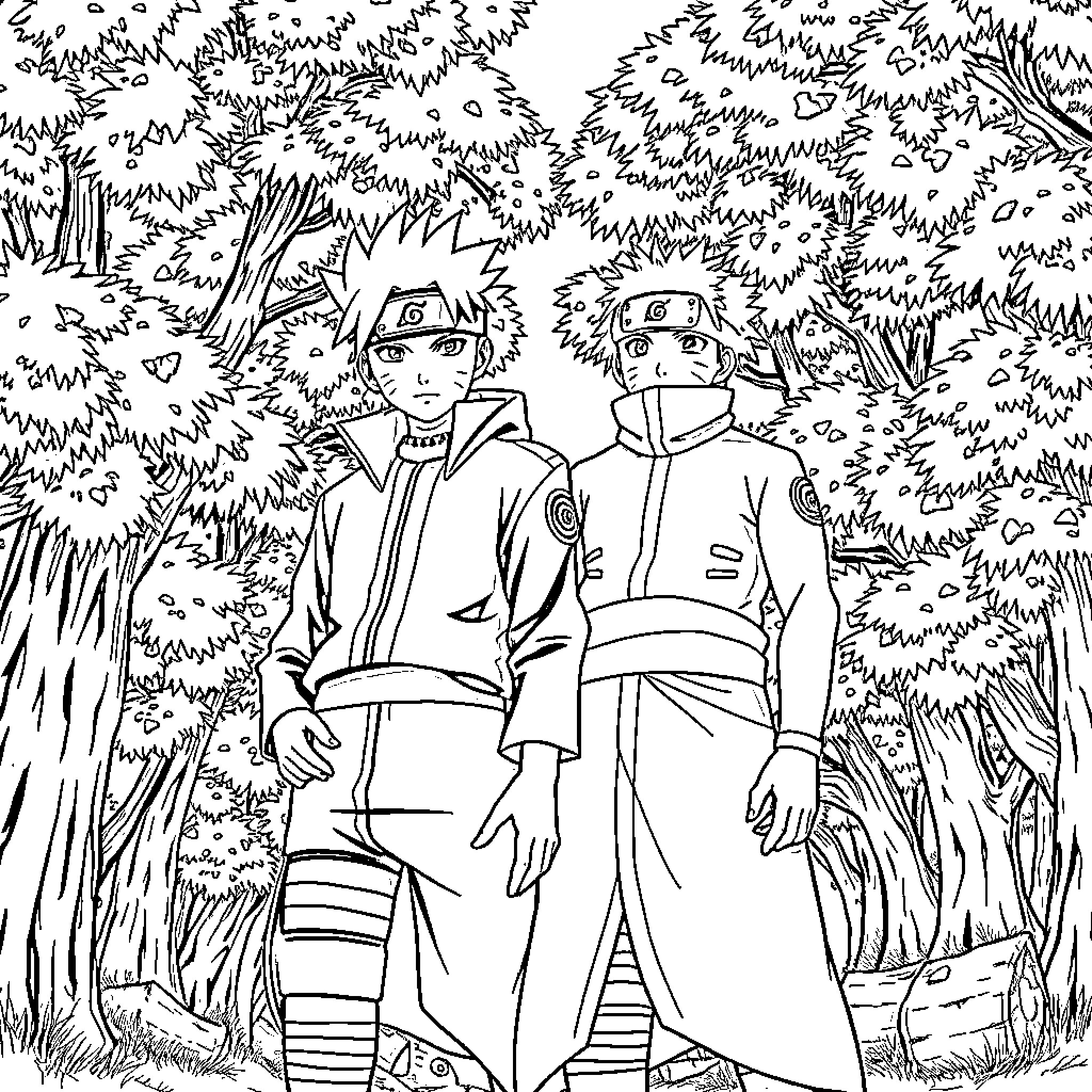 Naruto characters exploring the forest landscape Coloring Page (free black-and-white line drawing printable PDF for all, from beginners to advanced learners, including children, teens, adults, and seniors)