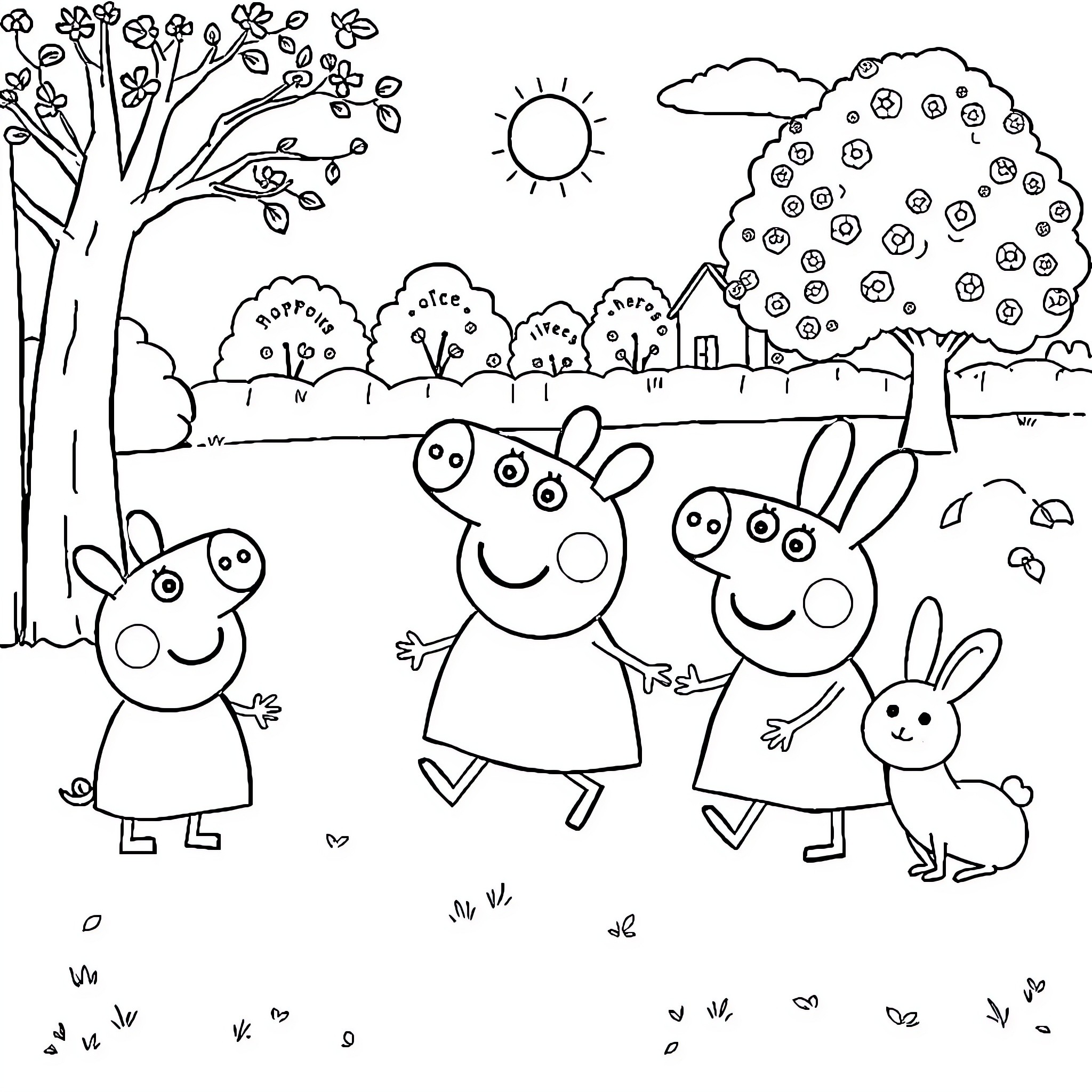 Peppa Pig characters enjoying a sunny day outdoors Coloring Page (free black-and-white line drawing printable PDF for all, from beginners to advanced learners, including children, teens, adults, and seniors)