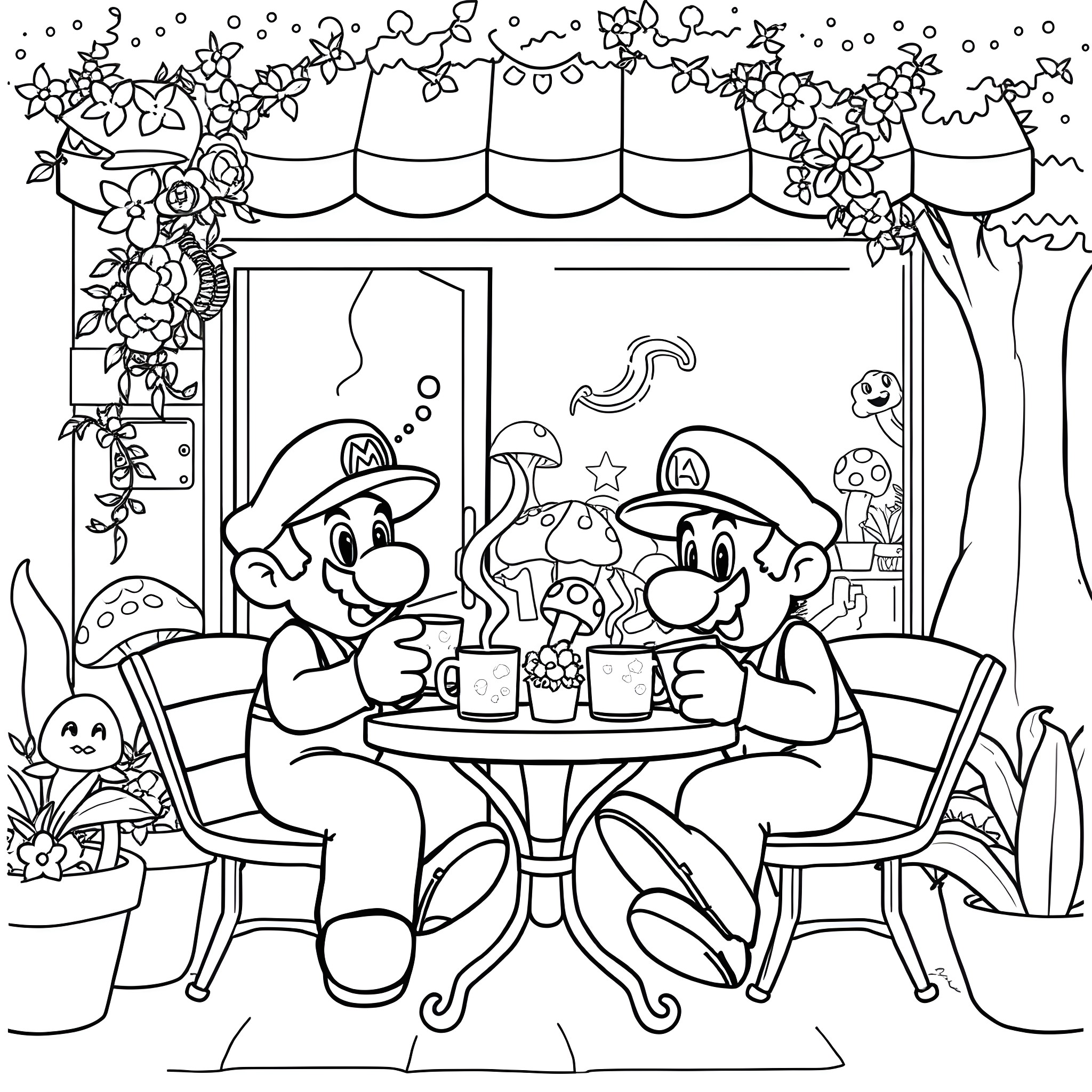 Mario and Luigi Relaxing in Flower-Filled Garden Coloring Page (free black-and-white line drawing printable PDF for all, from beginners to advanced learners, including children, teens, adults, and seniors)