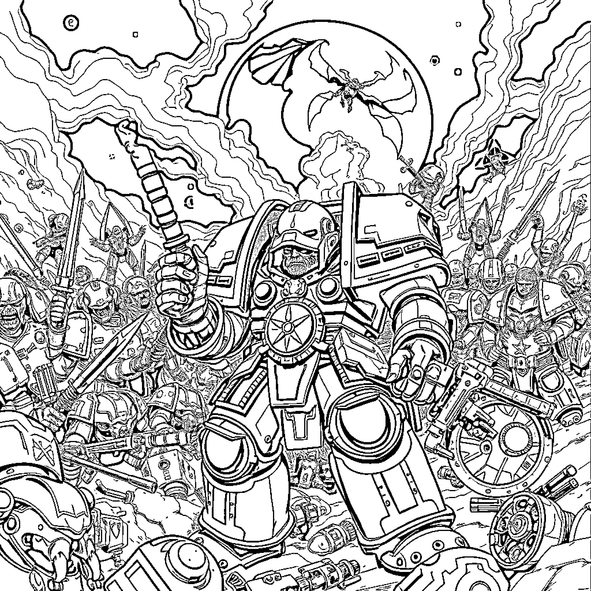 Warhammer 40k Chaotic Battlefield Sci-Fi Scene Coloring Page (free black-and-white line drawing printable PDF for all, from beginners to advanced learners, including children, teens, adults, and seniors)