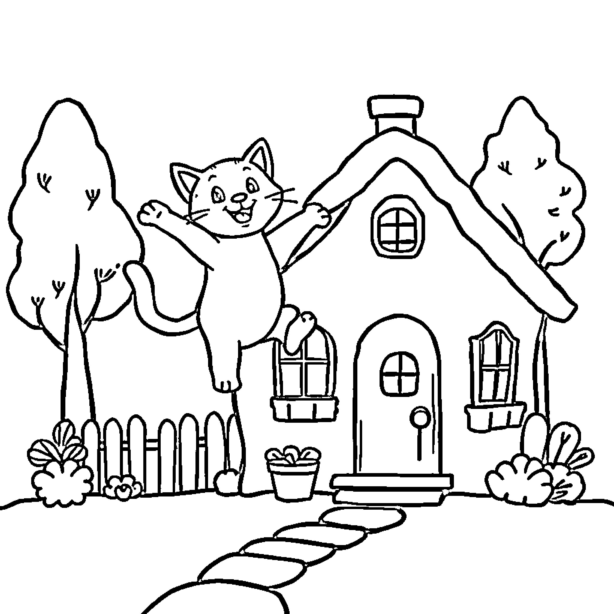 Cat at a Cozy Cottage Coloring Page (free black-and-white line drawing printable PDF for all, from beginners to advanced learners, including children, teens, adults, and seniors)