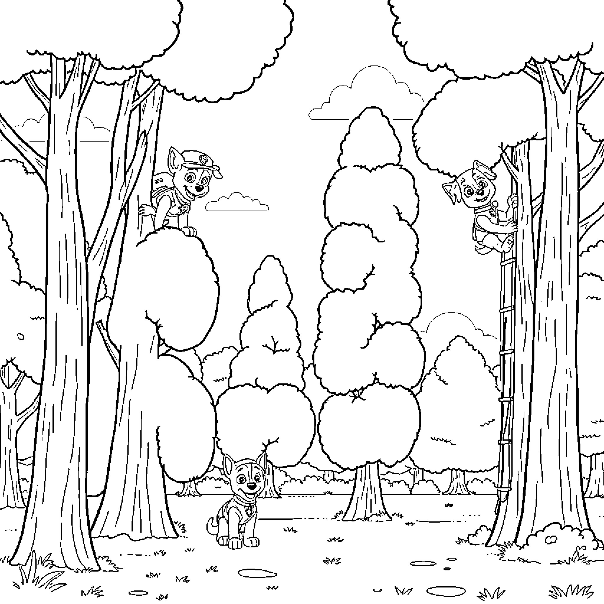 Paw Patrol characters exploring the forest Coloring Page (free black-and-white line drawing printable PDF for all, from beginners to advanced learners, including children, teens, adults, and seniors)