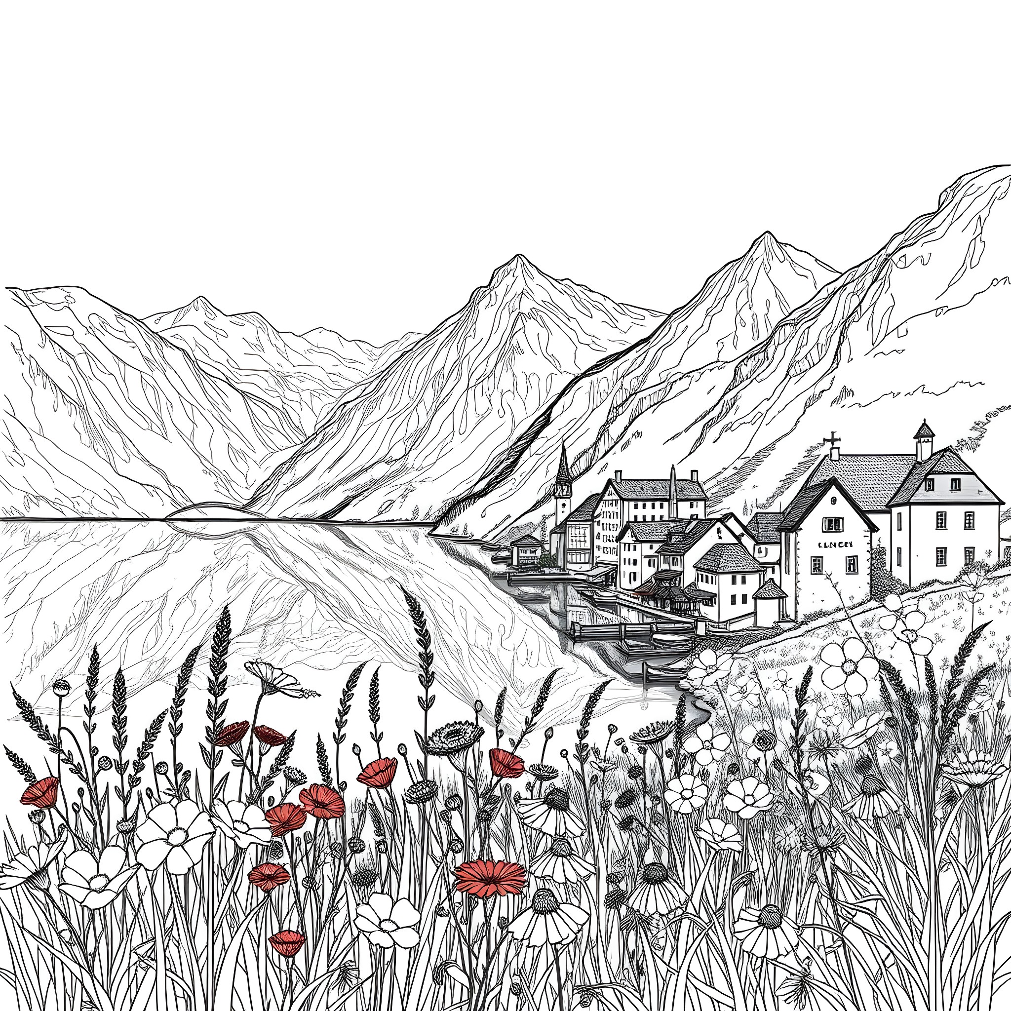 Landscape with mountain village and wildflowers Coloring Page (free black-and-white line drawing printable PDF for all, from beginners to advanced learners, including children, teens, adults, and seniors)