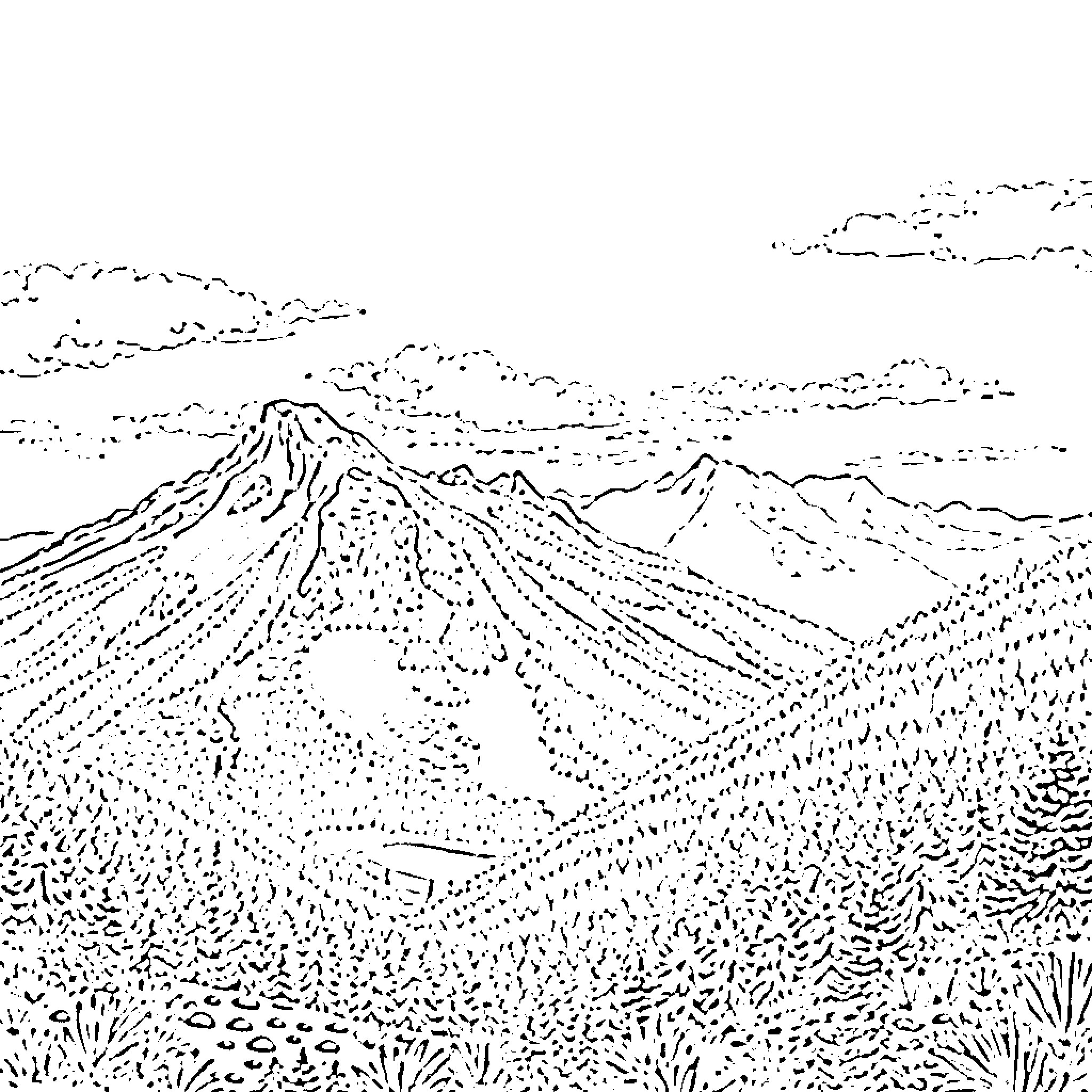 Landscape of majestic mountains and forest scenery Coloring Page (free black-and-white line drawing printable PDF for all, from beginners to advanced learners, including children, teens, adults, and seniors)