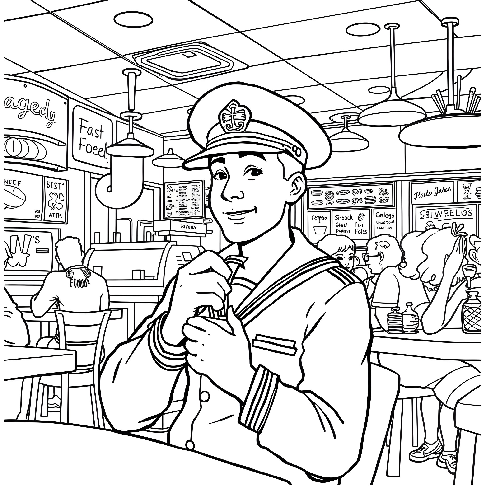 Sailor in a lively restaurant setting Coloring Page (free black-and-white line drawing printable PDF for all, from beginners to advanced learners, including children, teens, adults, and seniors)