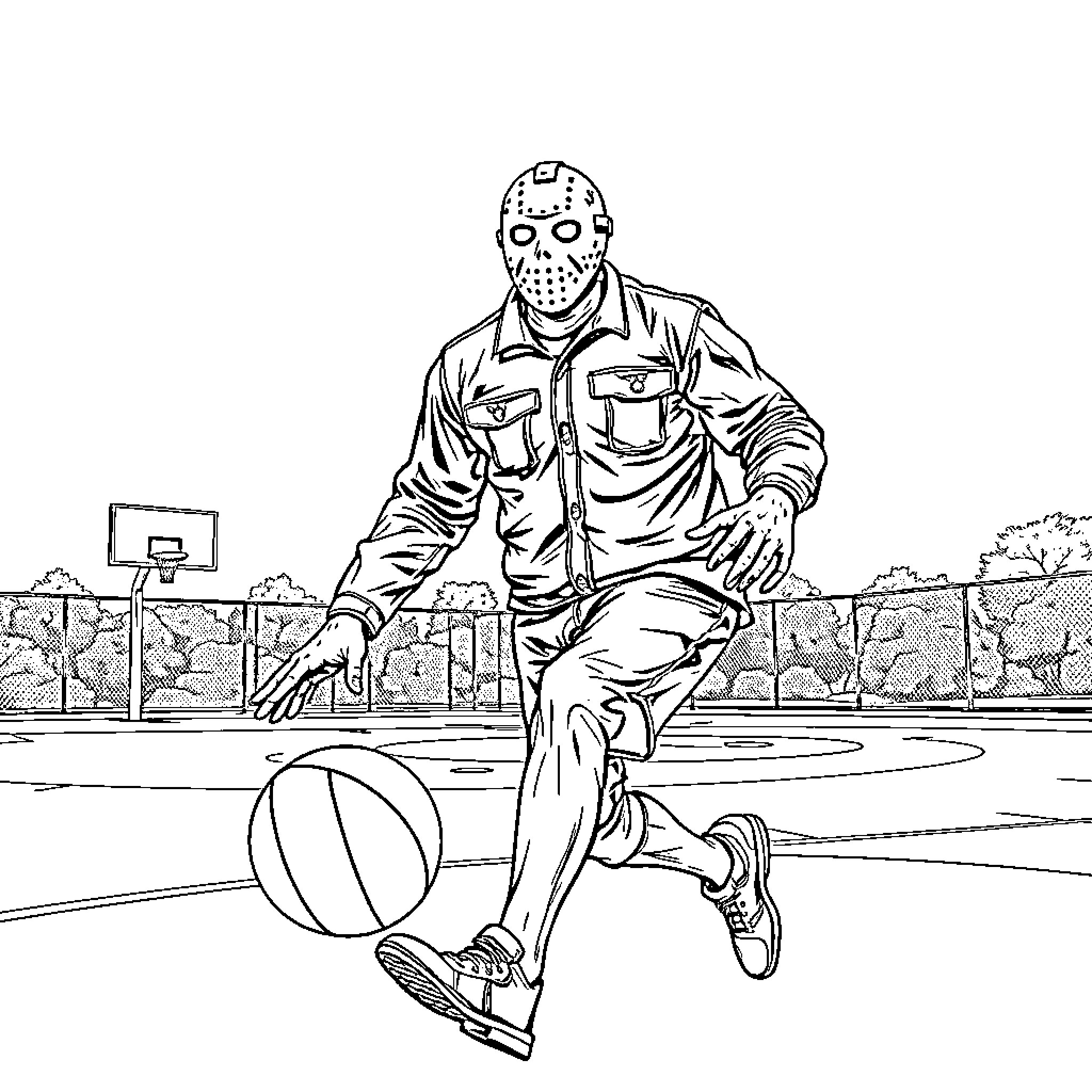 Jason Voorhees playing basketball on the court Coloring Page (free black-and-white line drawing printable PDF for all, from beginners to advanced learners, including children, teens, adults, and seniors)