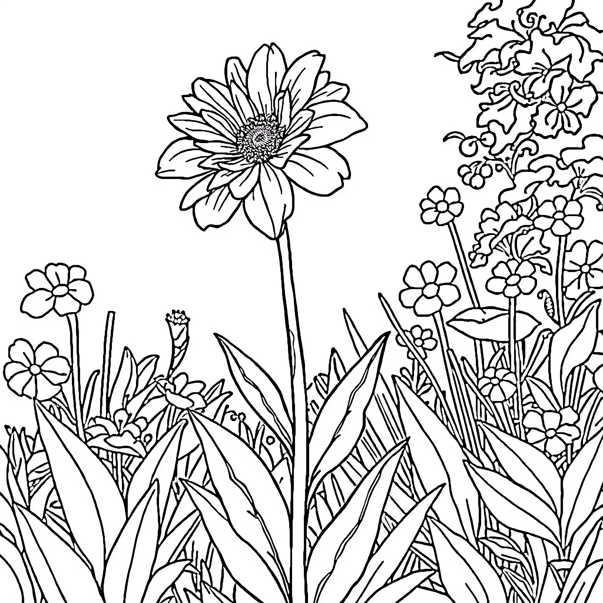 Flower Garden with Blooming Florals Coloring Page (free black-and-white line drawing printable PDF for all, from beginners to advanced learners, including children, teens, adults, and seniors)