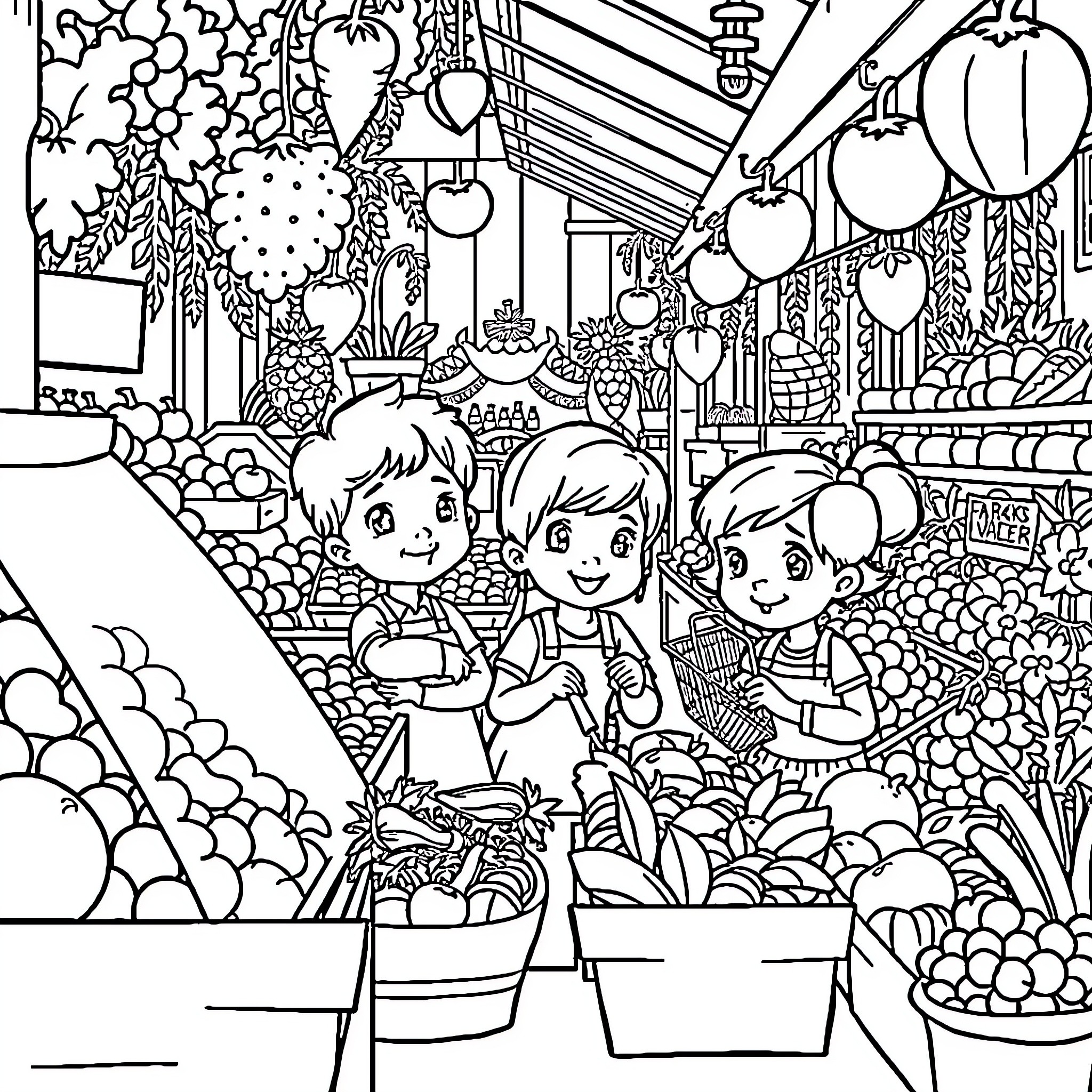 Kids exploring a vibrant market Coloring Page (free black-and-white line drawing printable PDF for all, from beginners to advanced learners, including children, teens, adults, and seniors)