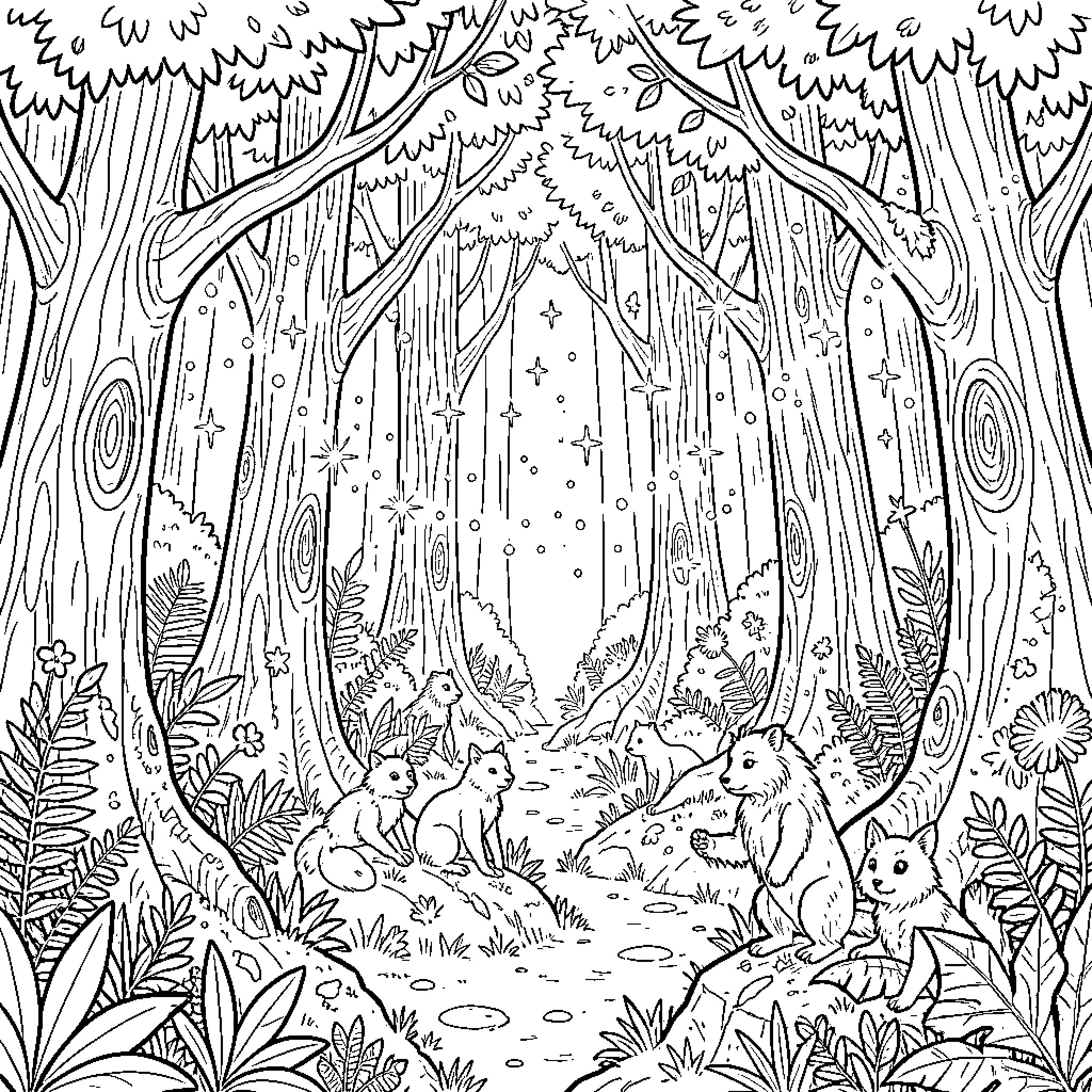 Forest scene with playful animals Coloring Page (free black-and-white line drawing printable PDF for all, from beginners to advanced learners, including children, teens, adults, and seniors)