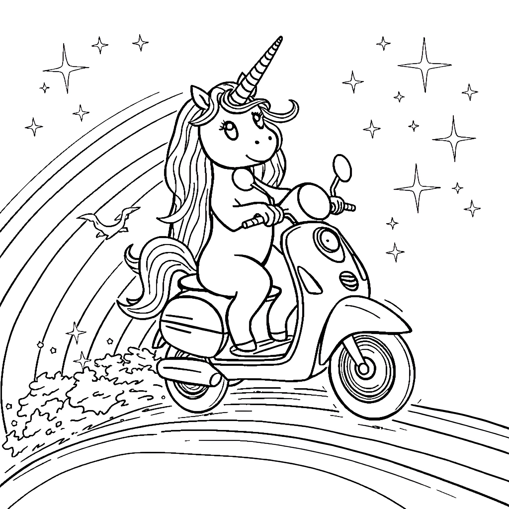 Unicorn riding a scooter through a starry night Coloring Page (free black-and-white line drawing printable PDF for all, from beginners to advanced learners, including children, teens, adults, and seniors)