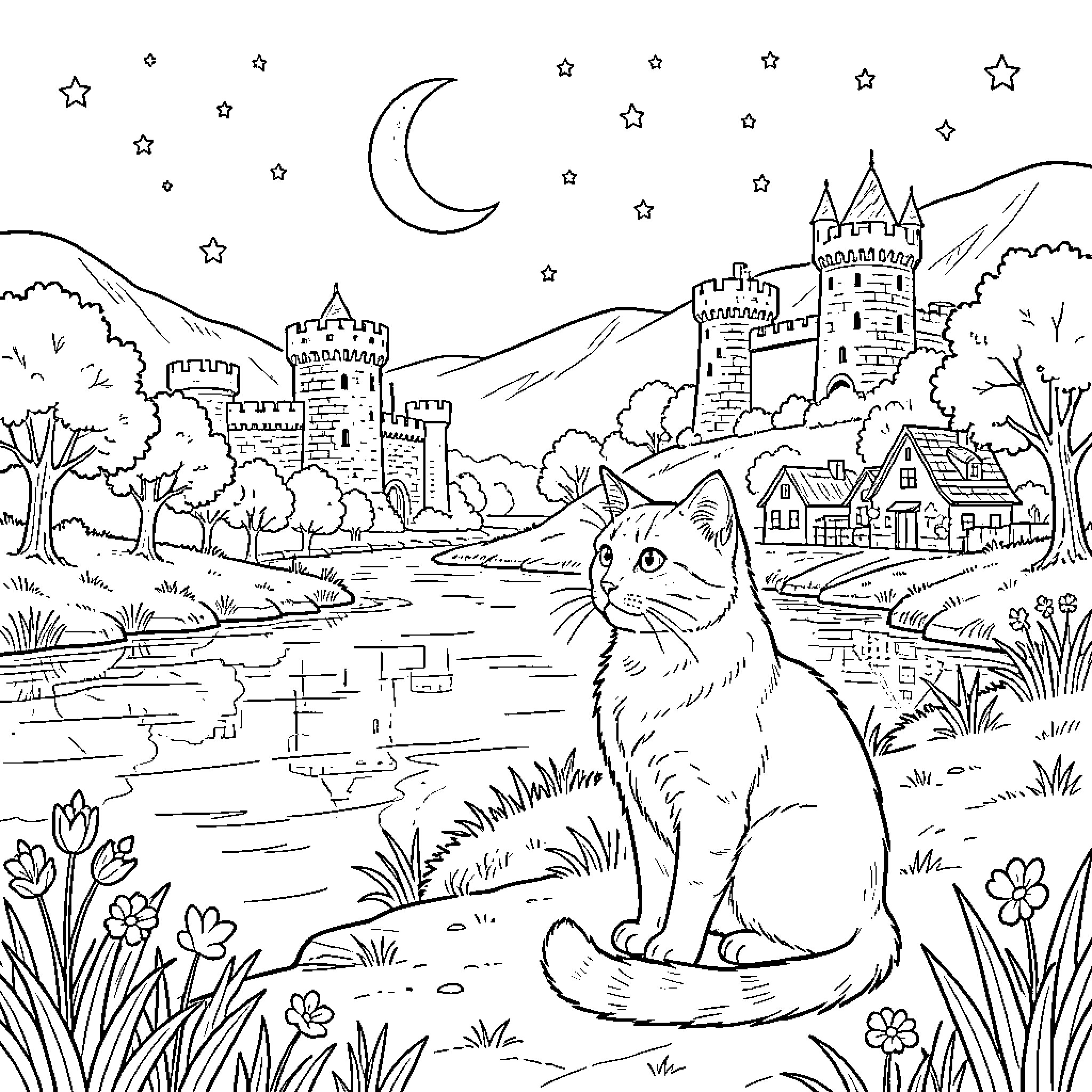 Cat in a whimsical night landscape Coloring Page (free black-and-white line drawing printable PDF for all, from beginners to advanced learners, including children, teens, adults, and seniors)