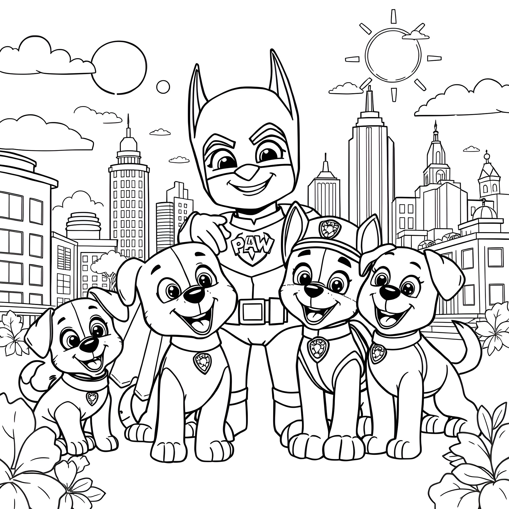 Paw Patrol team exploring the city Coloring Page (free black-and-white line drawing printable PDF for all, from beginners to advanced learners, including children, teens, adults, and seniors)