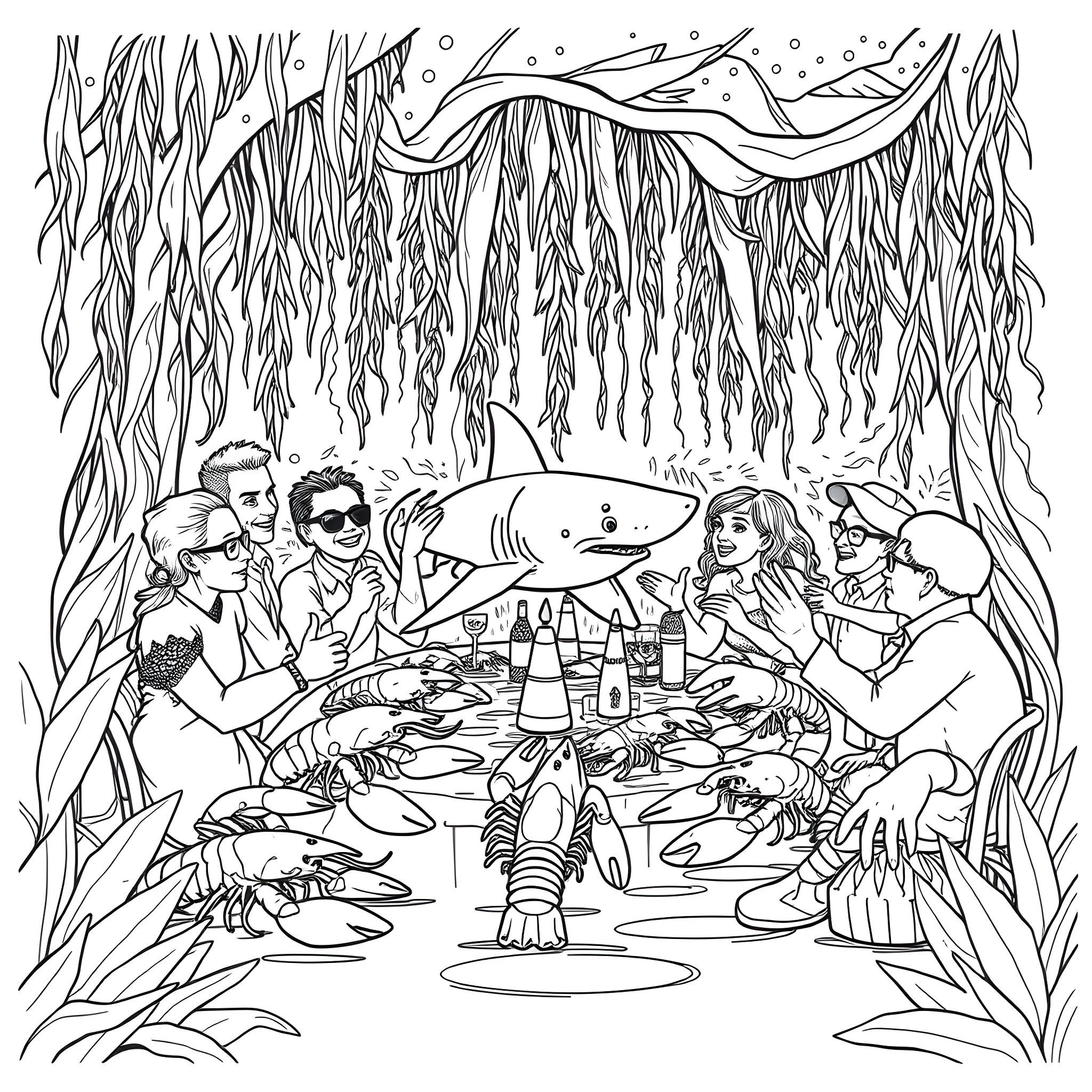 Shark-themed underwater party with friends Coloring Page (free black-and-white line drawing printable PDF for all, from beginners to advanced learners, including children, teens, adults, and seniors)