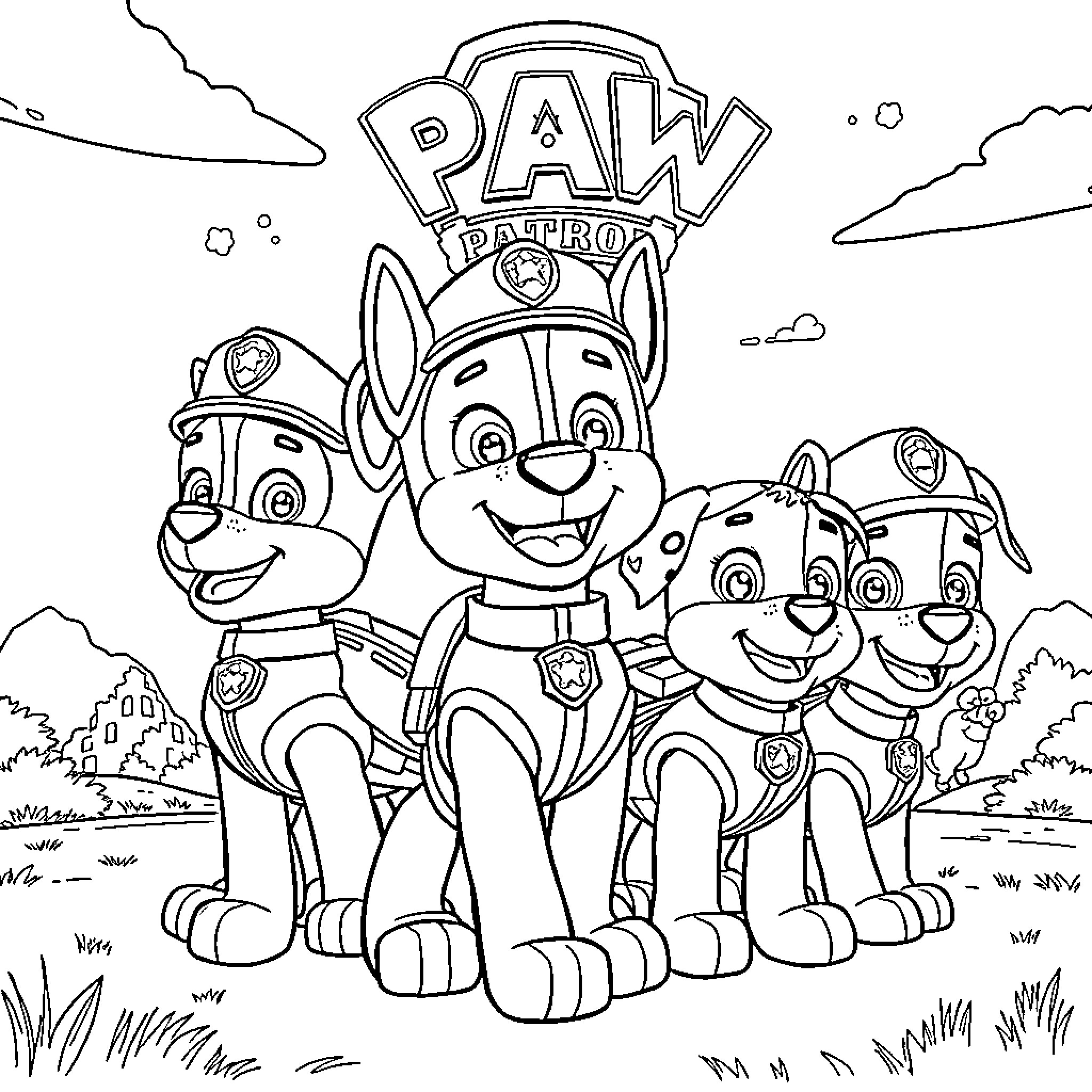 Paw Patrol team in action pose Coloring Page (free black-and-white line drawing printable PDF for all, from beginners to advanced learners, including children, teens, adults, and seniors)