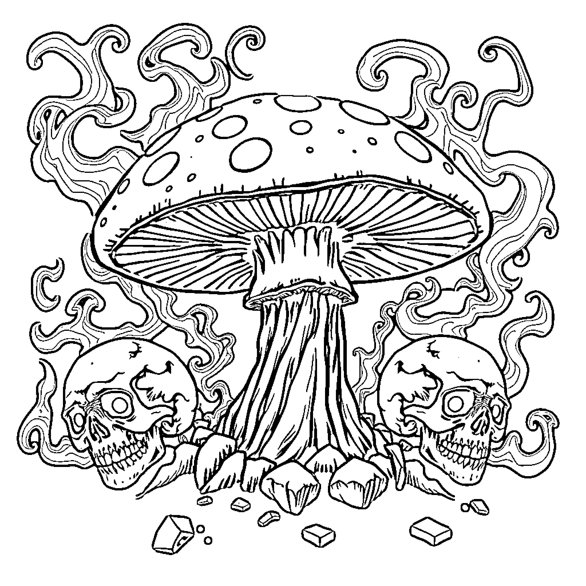 Mushroom surrounded by skulls and smoke Coloring Page (free black-and-white line drawing printable PDF for all, from beginners to advanced learners, including children, teens, adults, and seniors)