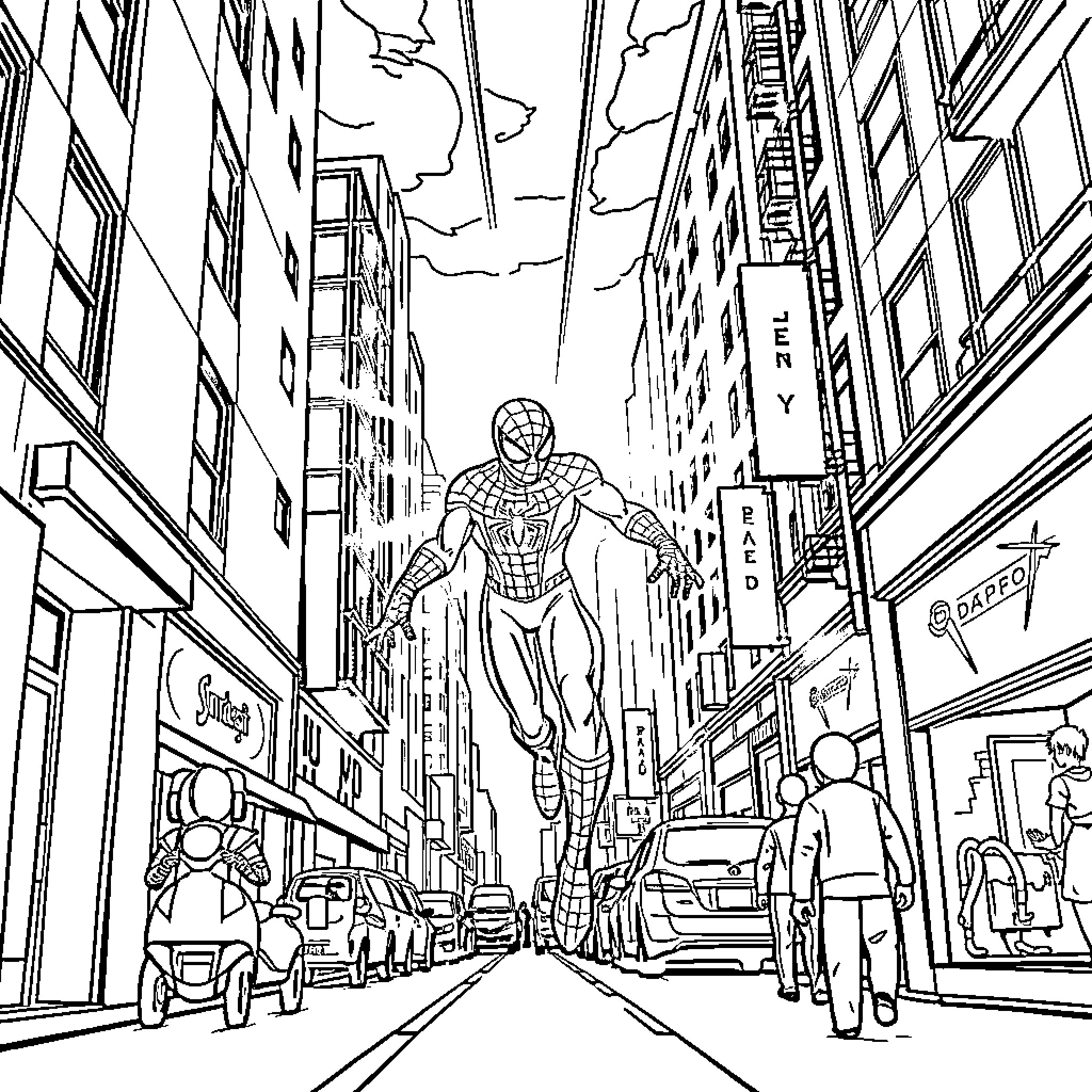 Spiderman swinging above the bustling city streets Coloring Page (free black-and-white line drawing printable PDF for all, from beginners to advanced learners, including children, teens, adults, and seniors)