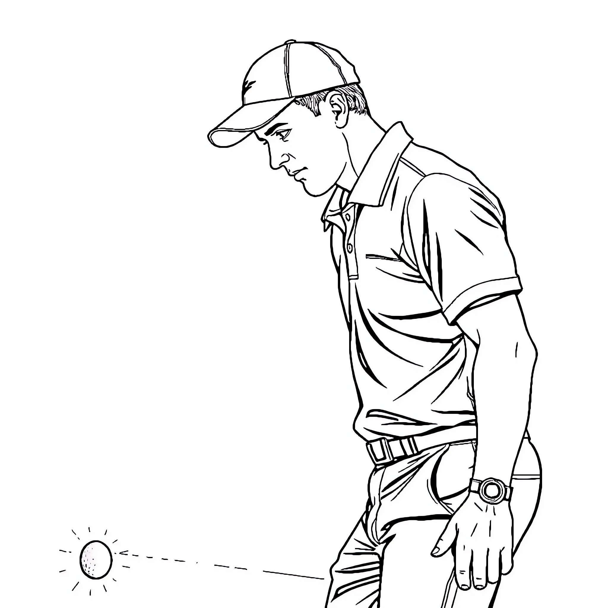Golf Player Examining the Course Coloring Page (free black-and-white line drawing printable PDF for all, from beginners to advanced learners, including children, teens, adults, and seniors)