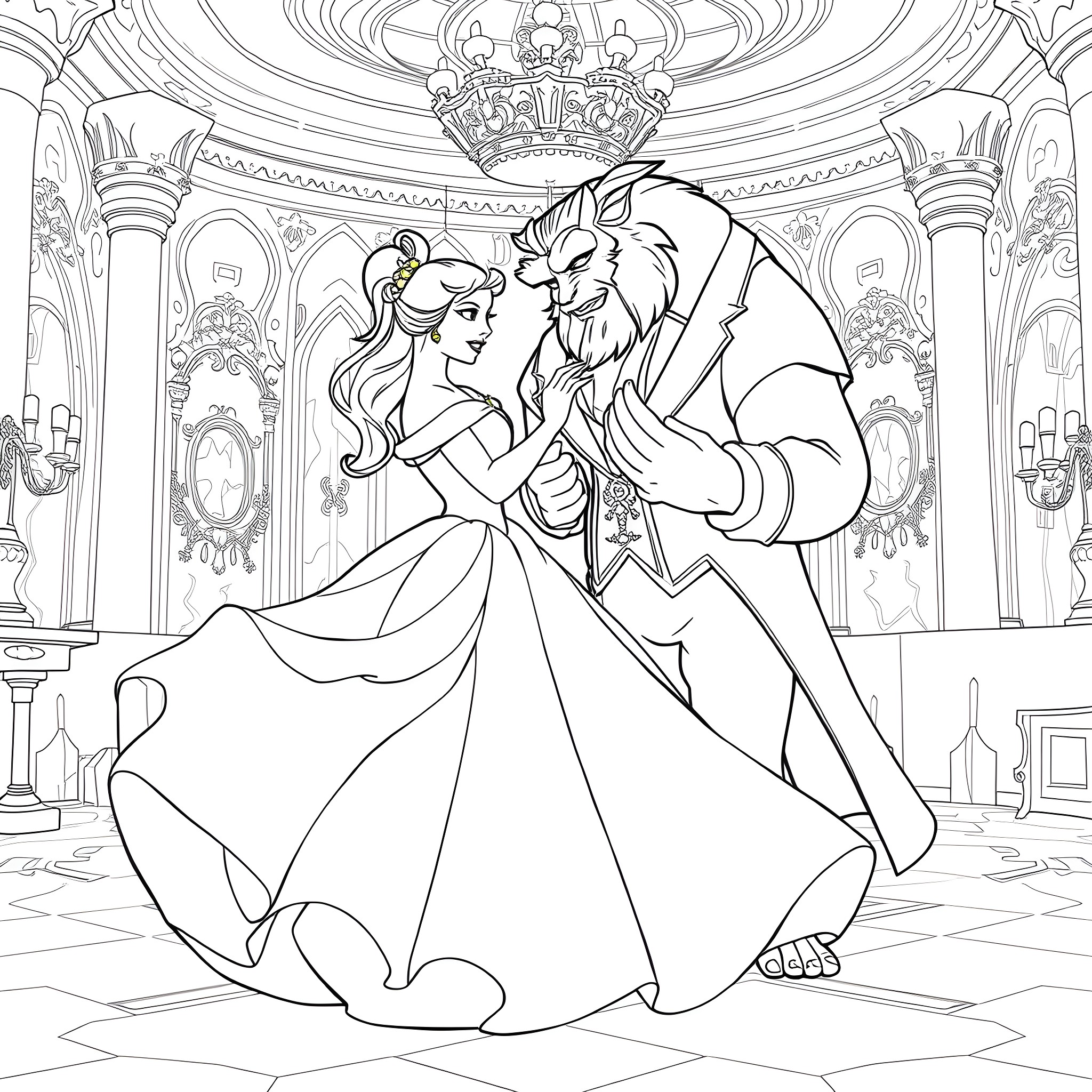 Belle and the Beast's Enchanted Dance Coloring Page (free black-and-white line drawing printable PDF for all, from beginners to advanced learners, including children, teens, adults, and seniors)