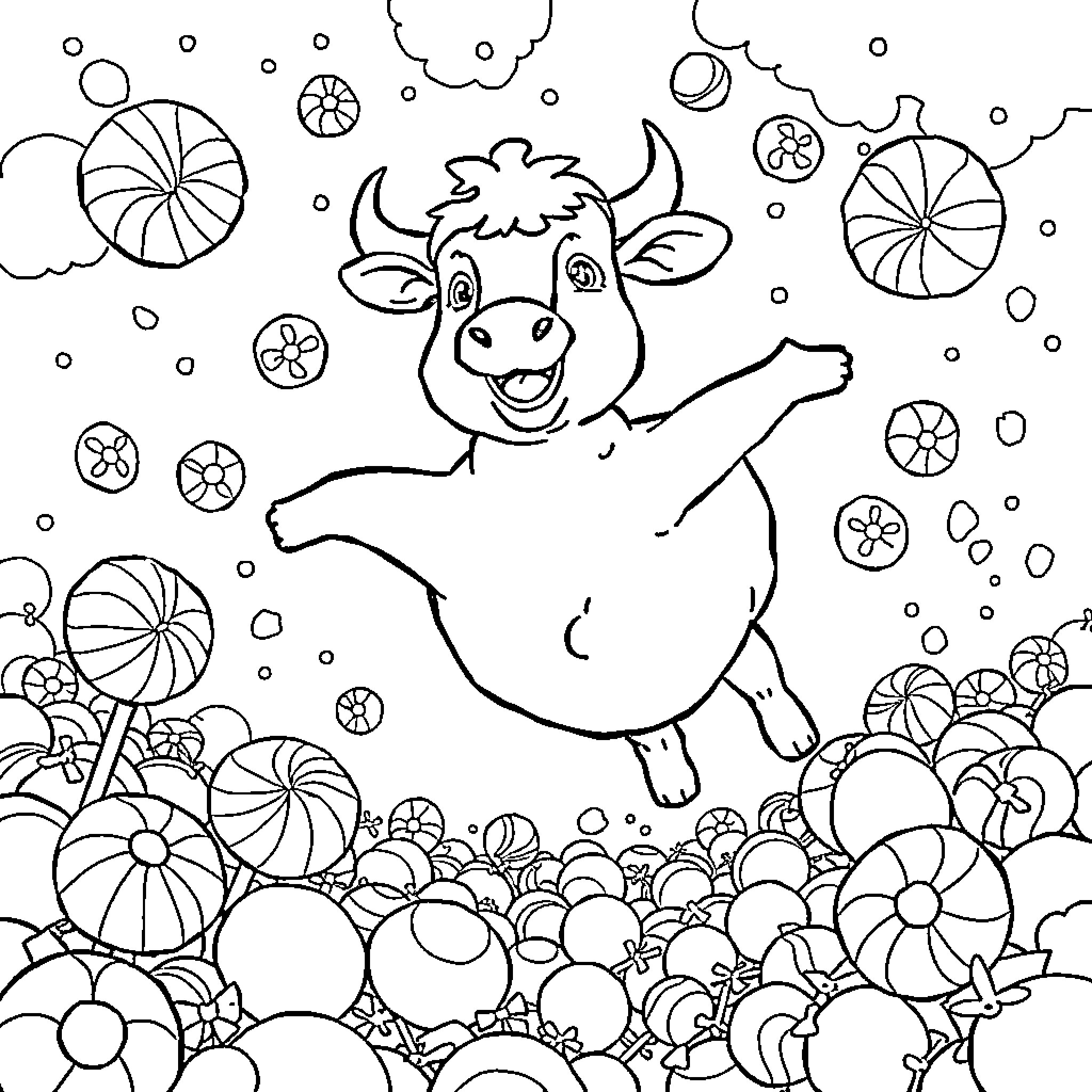 Vache playing joyfully amidst whimsical designs Coloring Page (free black-and-white line drawing printable PDF for all, from beginners to advanced learners, including children, teens, adults, and seniors)