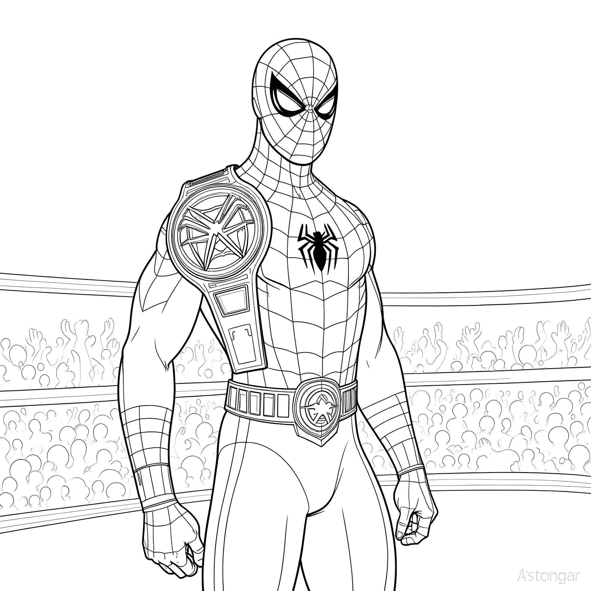 Spider-Man in Action Pose with Web Shooter Coloring Page (free black-and-white line drawing printable PDF for all, from beginners to advanced learners, including children, teens, adults, and seniors)
