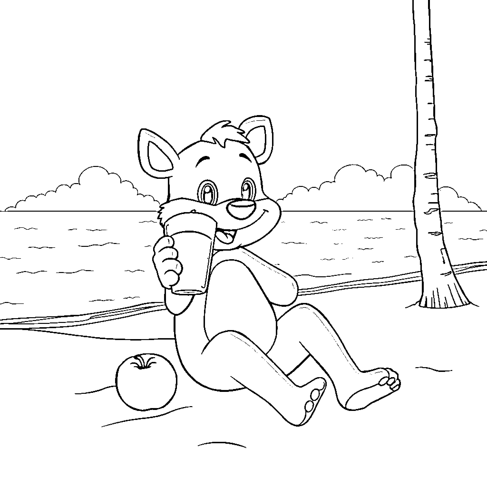 Bluey relaxing and enjoying a snack in nature Coloring Page (free black-and-white line drawing printable PDF for all, from beginners to advanced learners, including children, teens, adults, and seniors)