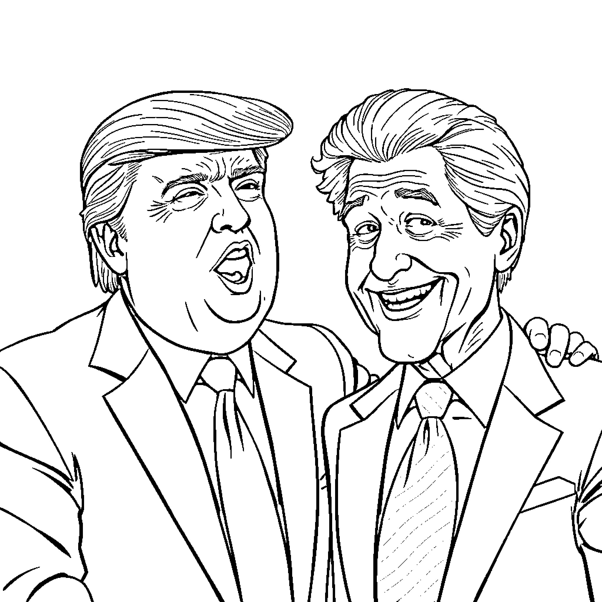 Donald Trump Interacting with Boris Johnson in Formal Attire Coloring Page (free black-and-white line drawing printable PDF for all, from beginners to advanced learners, including children, teens, adults, and seniors)