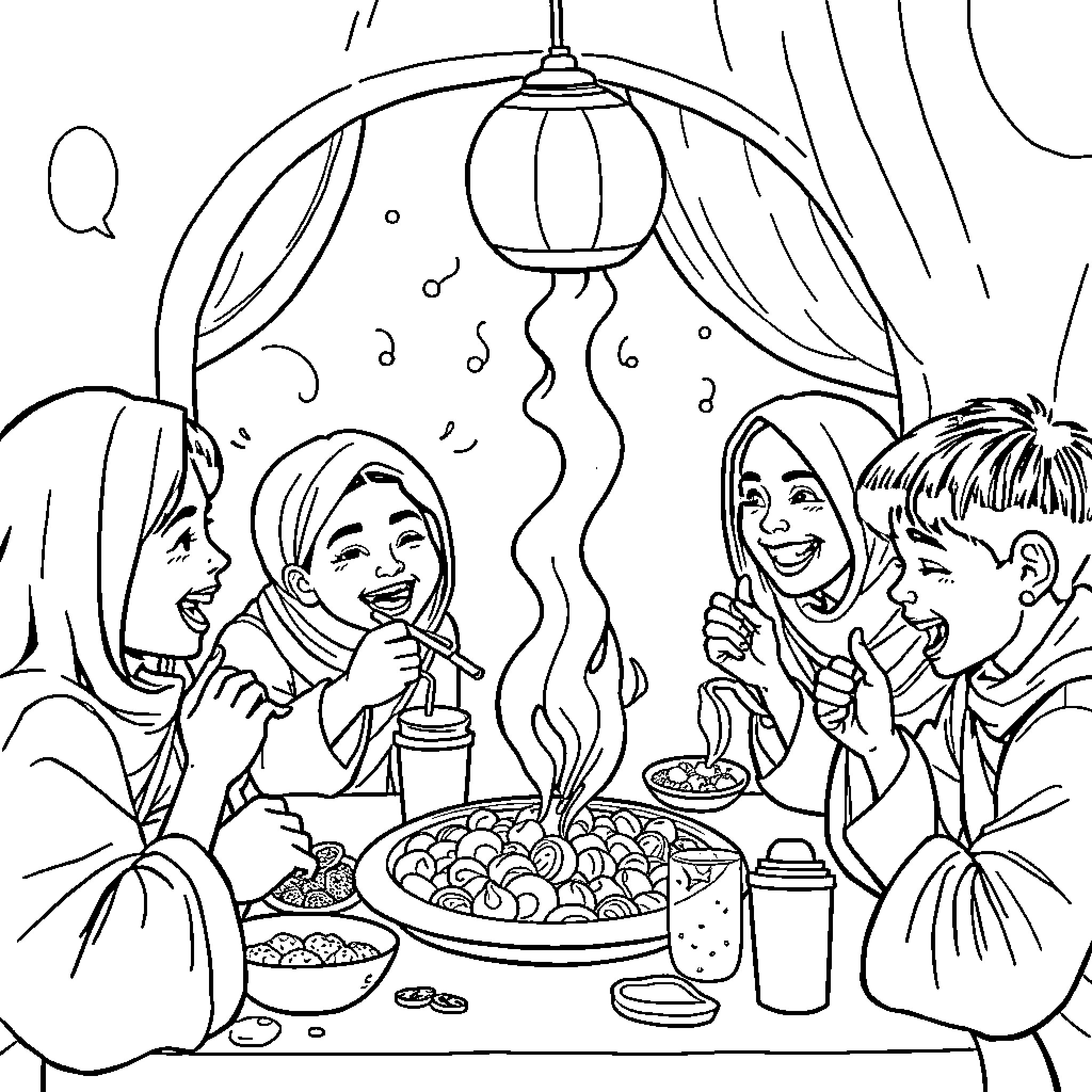Tung Tung Sahur: Family Gathering and Mealtime Celebration Coloring Page (free black-and-white line drawing printable PDF for all, from beginners to advanced learners, including children, teens, adults, and seniors)