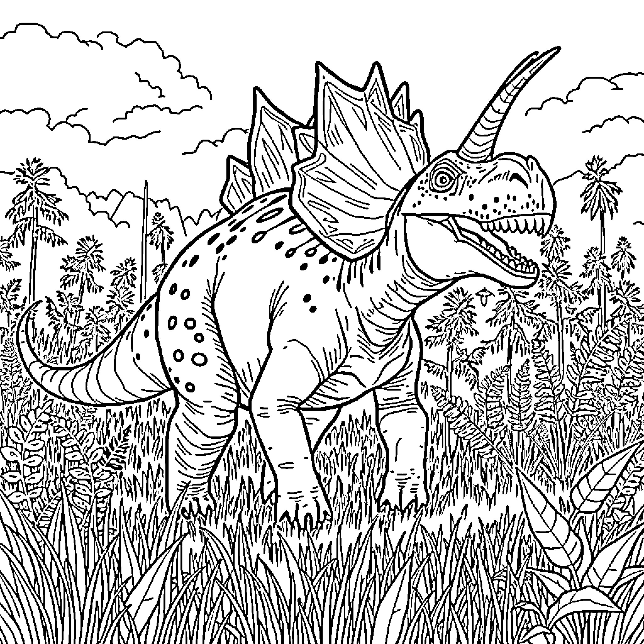 Styracosaurus wandering in prehistoric landscape Coloring Page (free black-and-white line drawing printable PDF for all, from beginners to advanced learners, including children, teens, adults, and seniors)