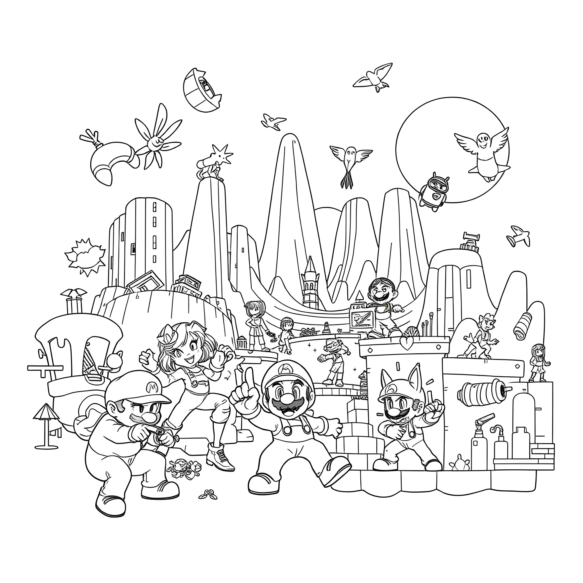 Video Game Characters in a Fantastical Landscape Coloring Page (free black-and-white line drawing printable PDF for all, from beginners to advanced learners, including children, teens, adults, and seniors)