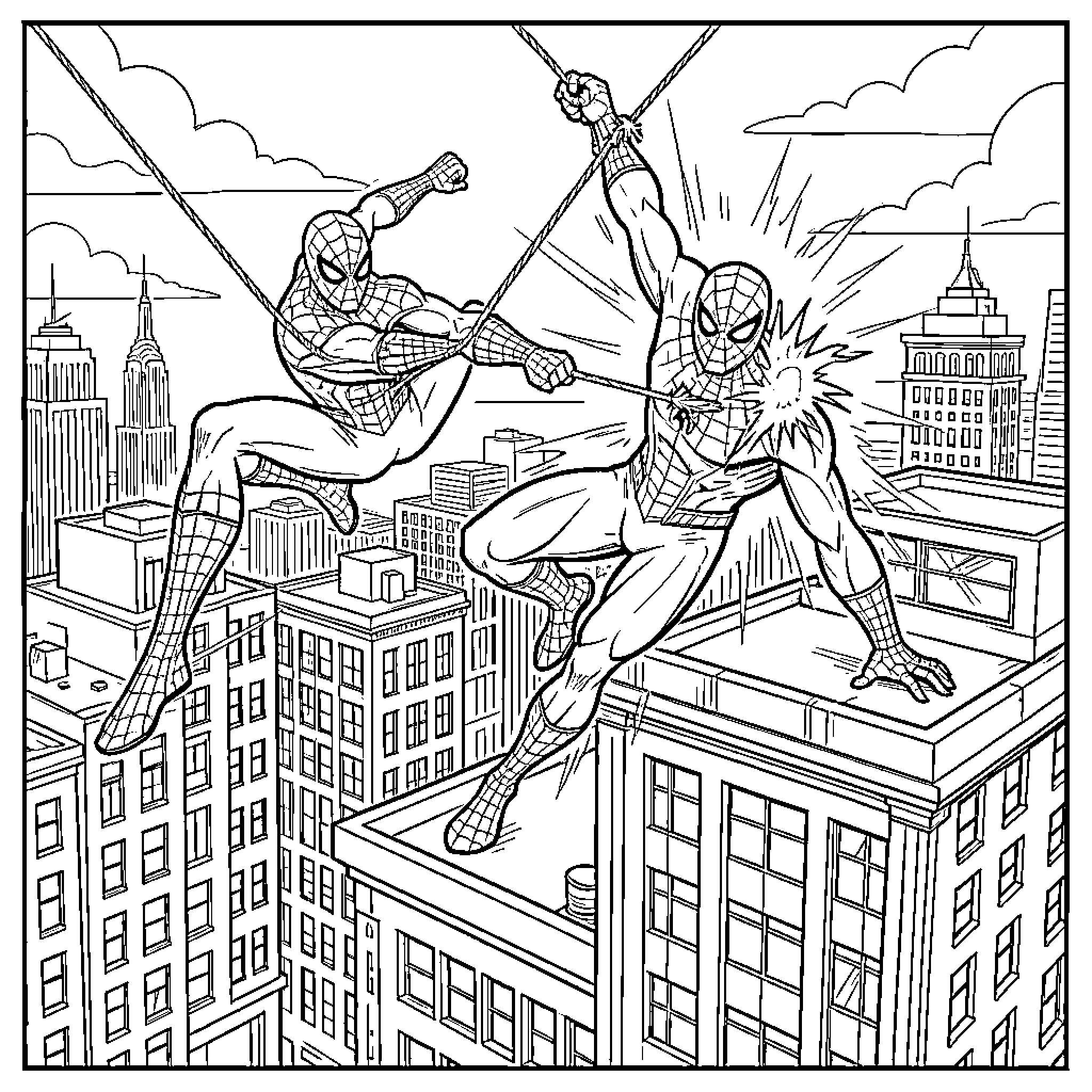 Spiderman swinging between skyscrapers in a busy city Coloring Page (free black-and-white line drawing printable PDF for all, from beginners to advanced learners, including children, teens, adults, and seniors)