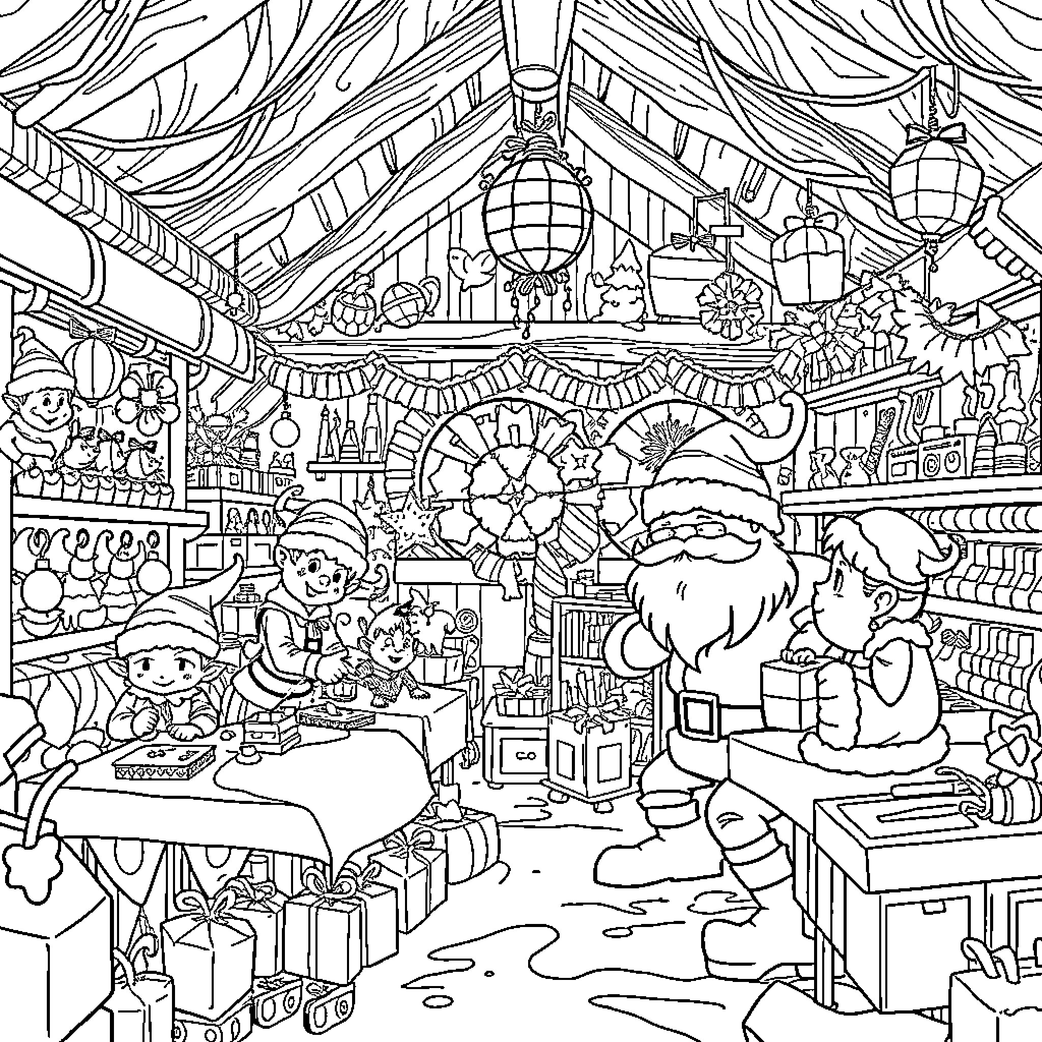 Santa's Whimsical Workshop Filled with Festive Cheer Coloring Page (free black-and-white line drawing printable PDF for all, from beginners to advanced learners, including children, teens, adults, and seniors)