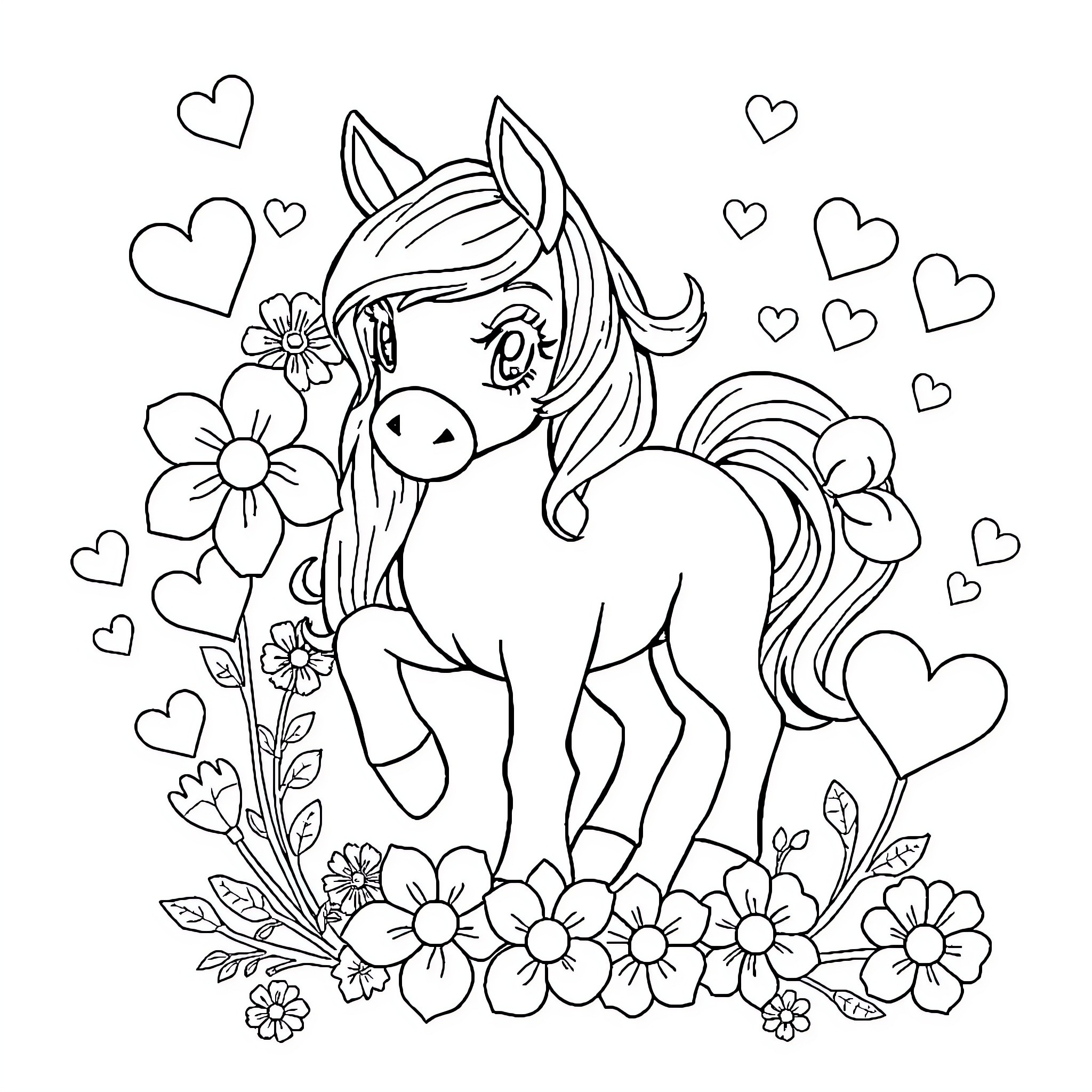 Pony surrounded by flowers and hearts Coloring Page (free black-and-white line drawing printable PDF for all, from beginners to advanced learners, including children, teens, adults, and seniors)