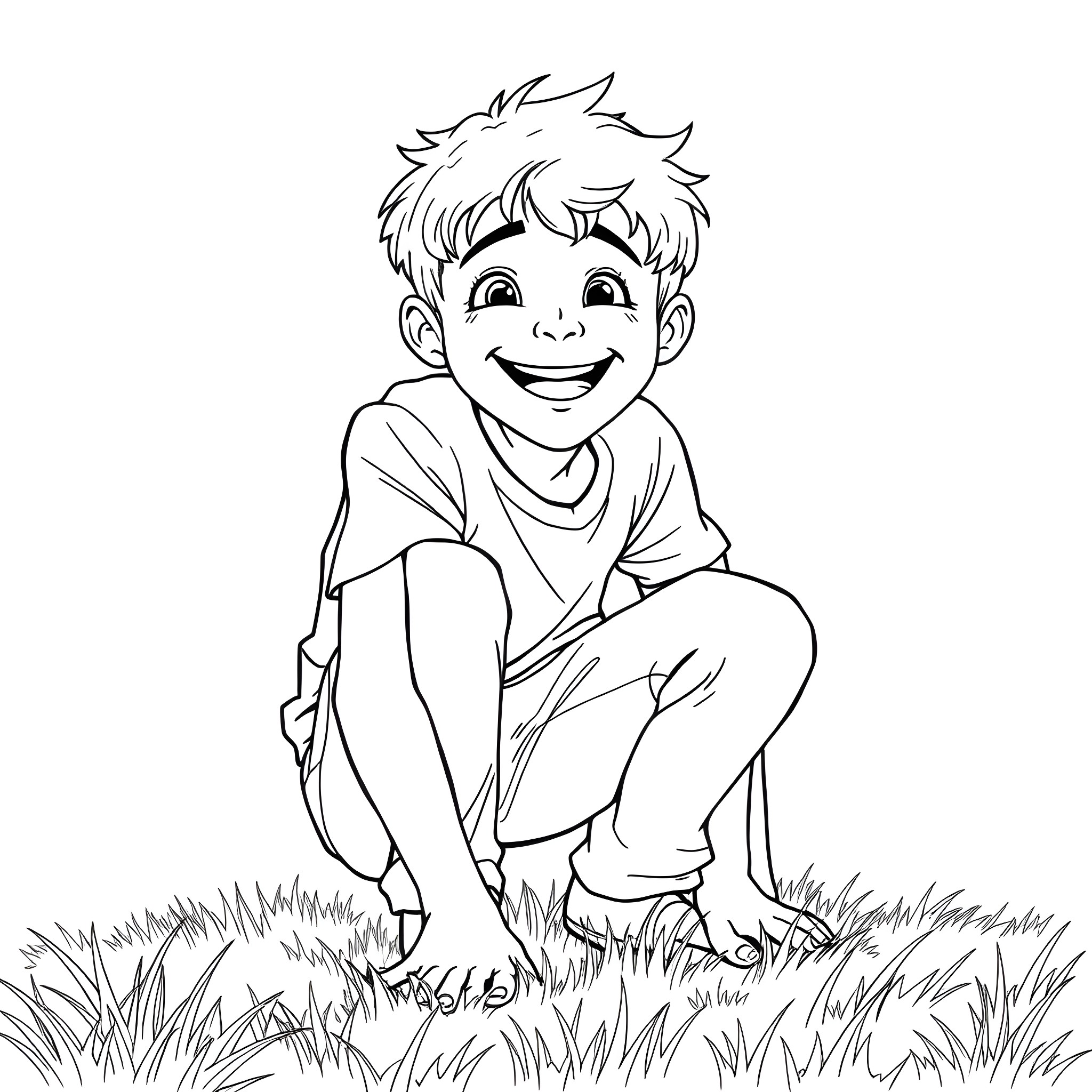 Boy playing happily in the grass Coloring Page (free black-and-white line drawing printable PDF for all, from beginners to advanced learners, including children, teens, adults, and seniors)