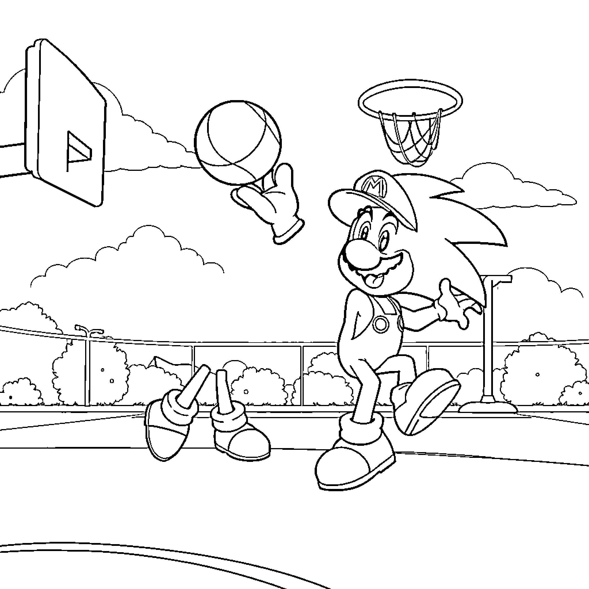 Mario Playing Basketball in the Park Coloring Page (free black-and-white line drawing printable PDF for all, from beginners to advanced learners, including children, teens, adults, and seniors)