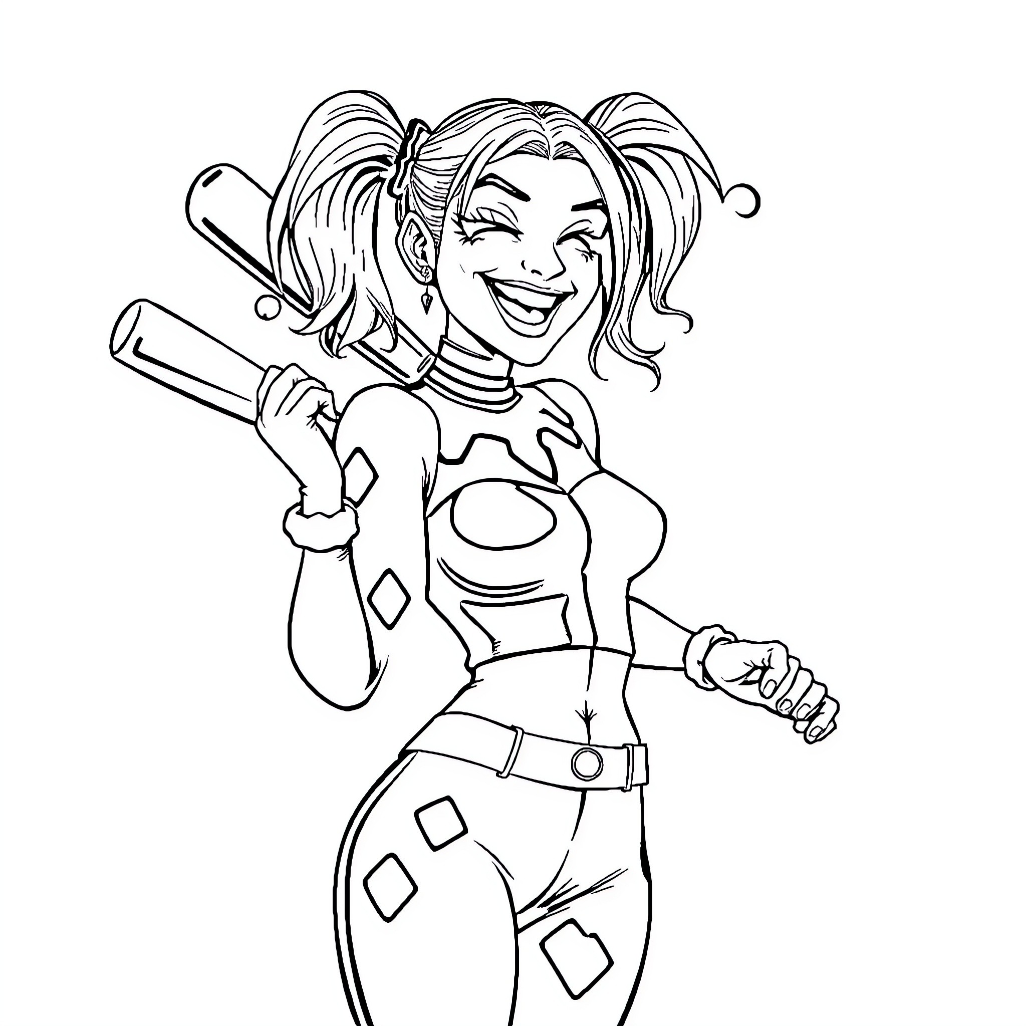 Harley Quinn in action with baseball bat Coloring Page (free black-and-white line drawing printable PDF for all, from beginners to advanced learners, including children, teens, adults, and seniors)
