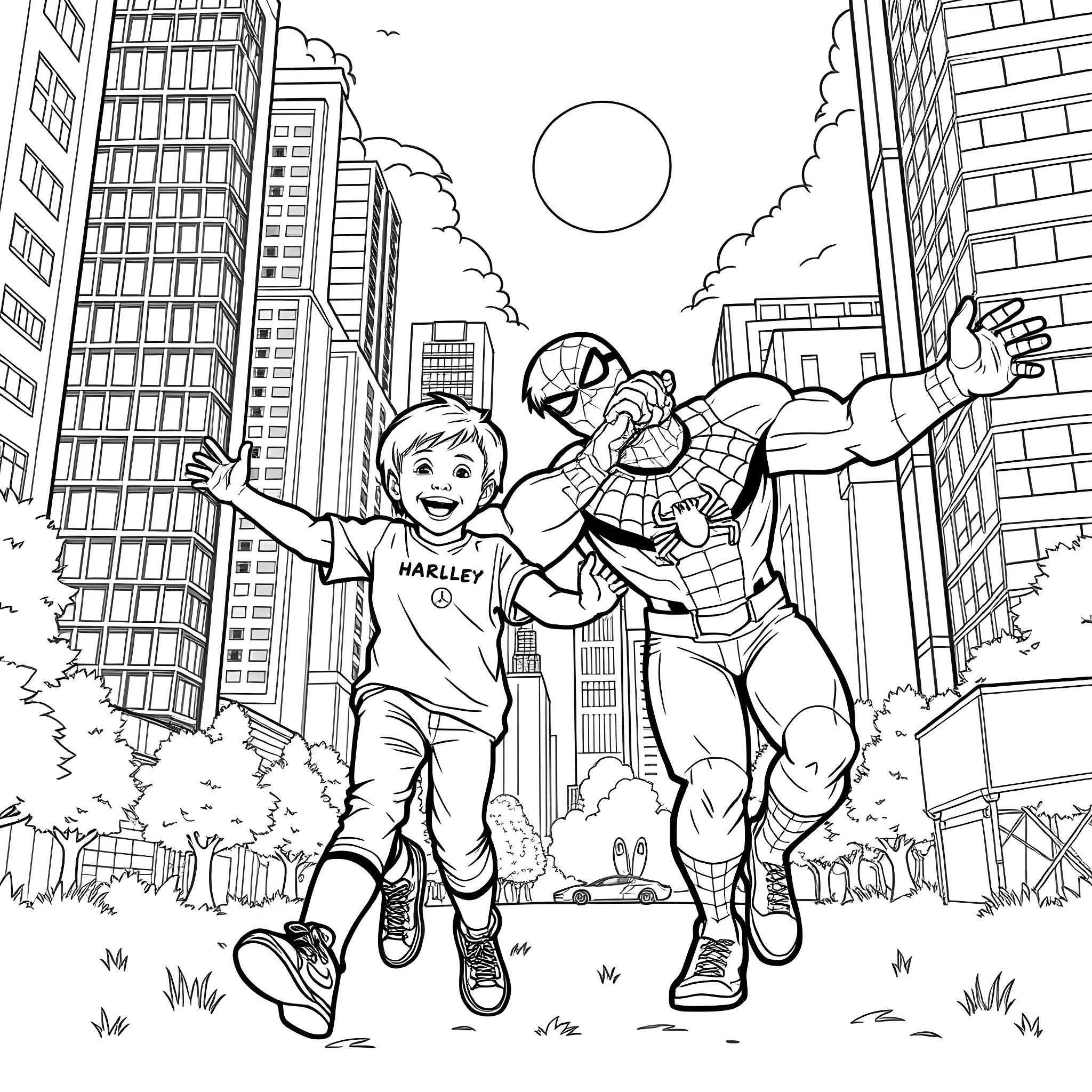 Noah playing with Spider-Man in the city Coloring Page (free black-and-white line drawing printable PDF for all, from beginners to advanced learners, including children, teens, adults, and seniors)