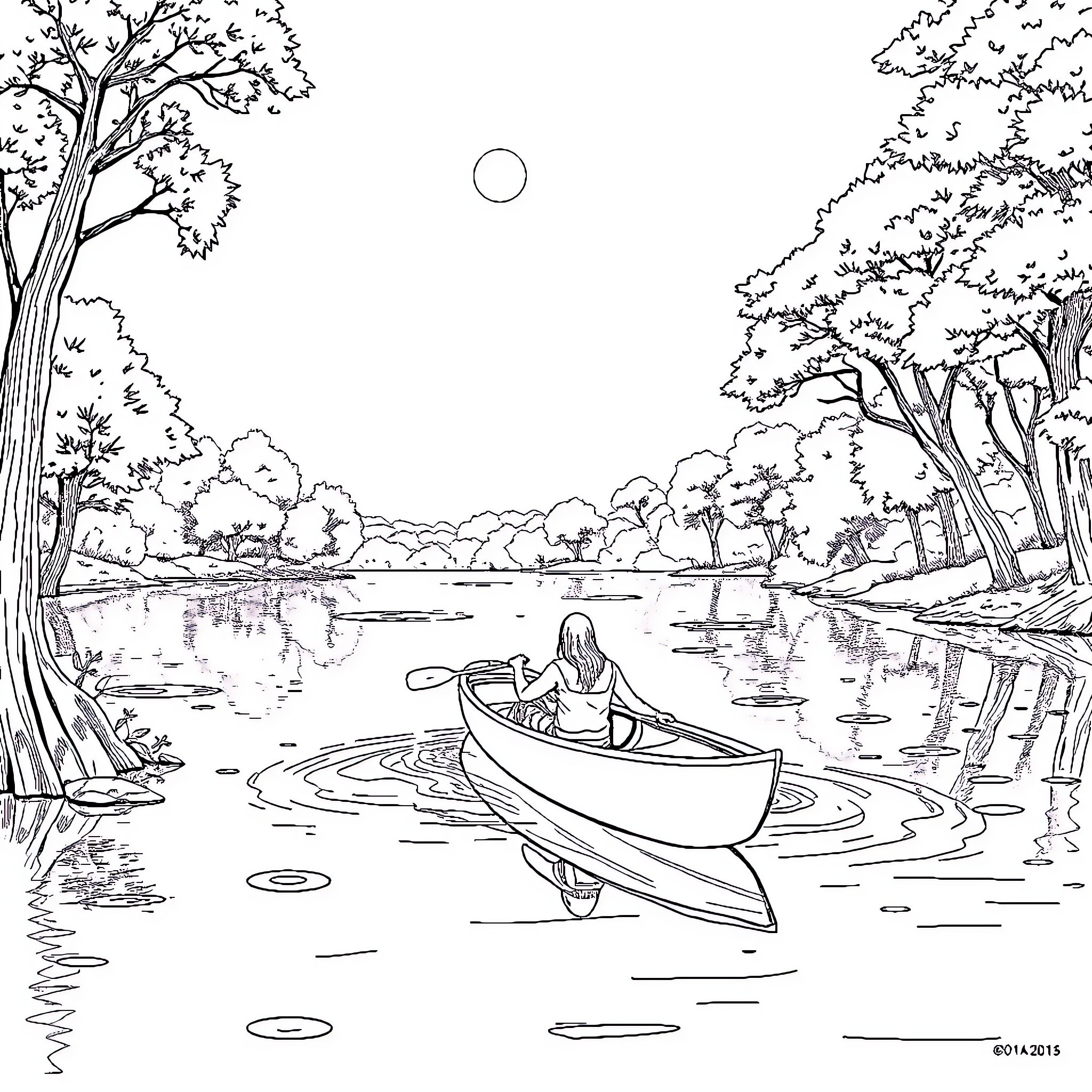 Canoe Floating on Peaceful Lake Surrounded by Trees Coloring Page (free black-and-white line drawing printable PDF for all, from beginners to advanced learners, including children, teens, adults, and seniors)