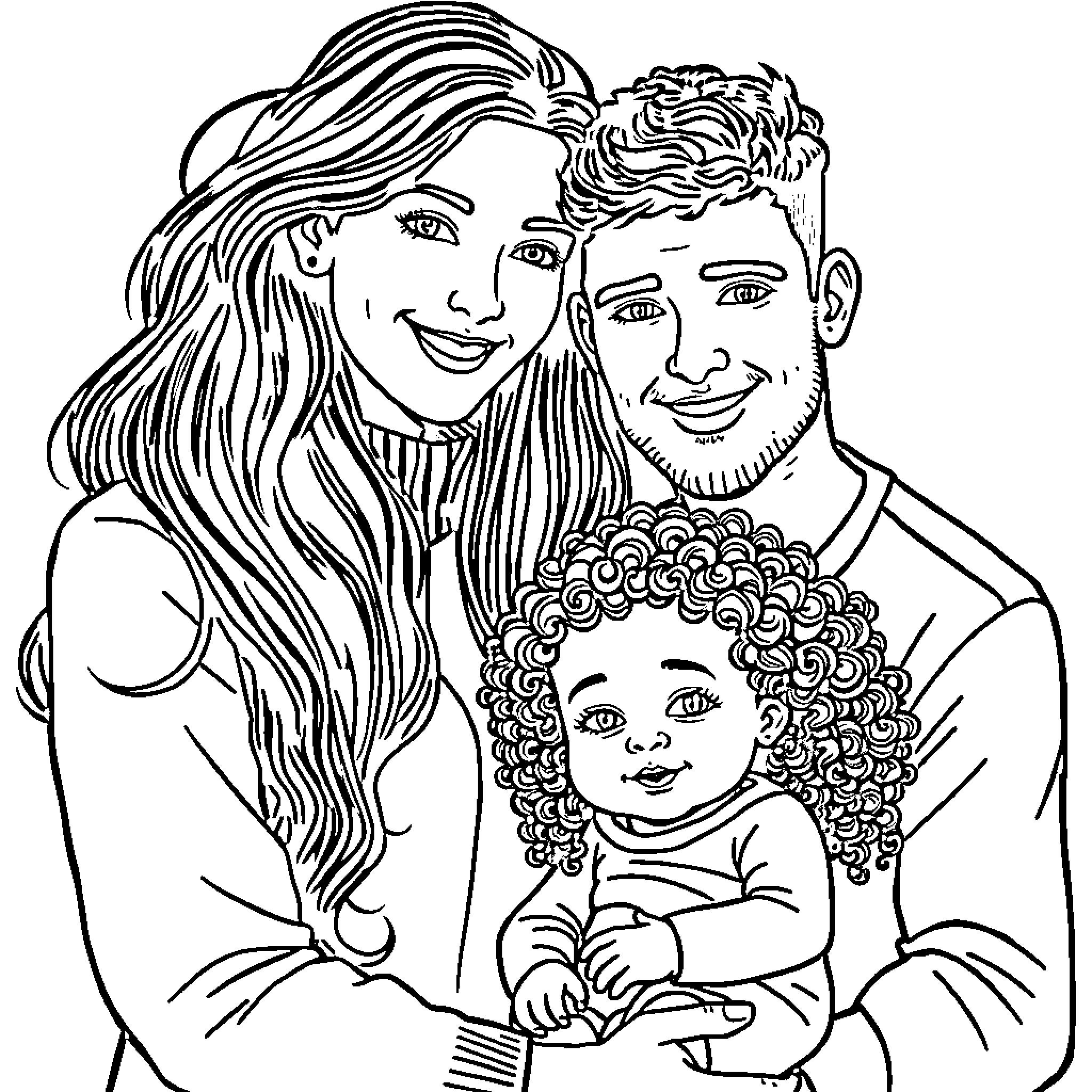 Family posing together with smiles and affection Coloring Page (free black-and-white line drawing printable PDF for all, from beginners to advanced learners, including children, teens, adults, and seniors)